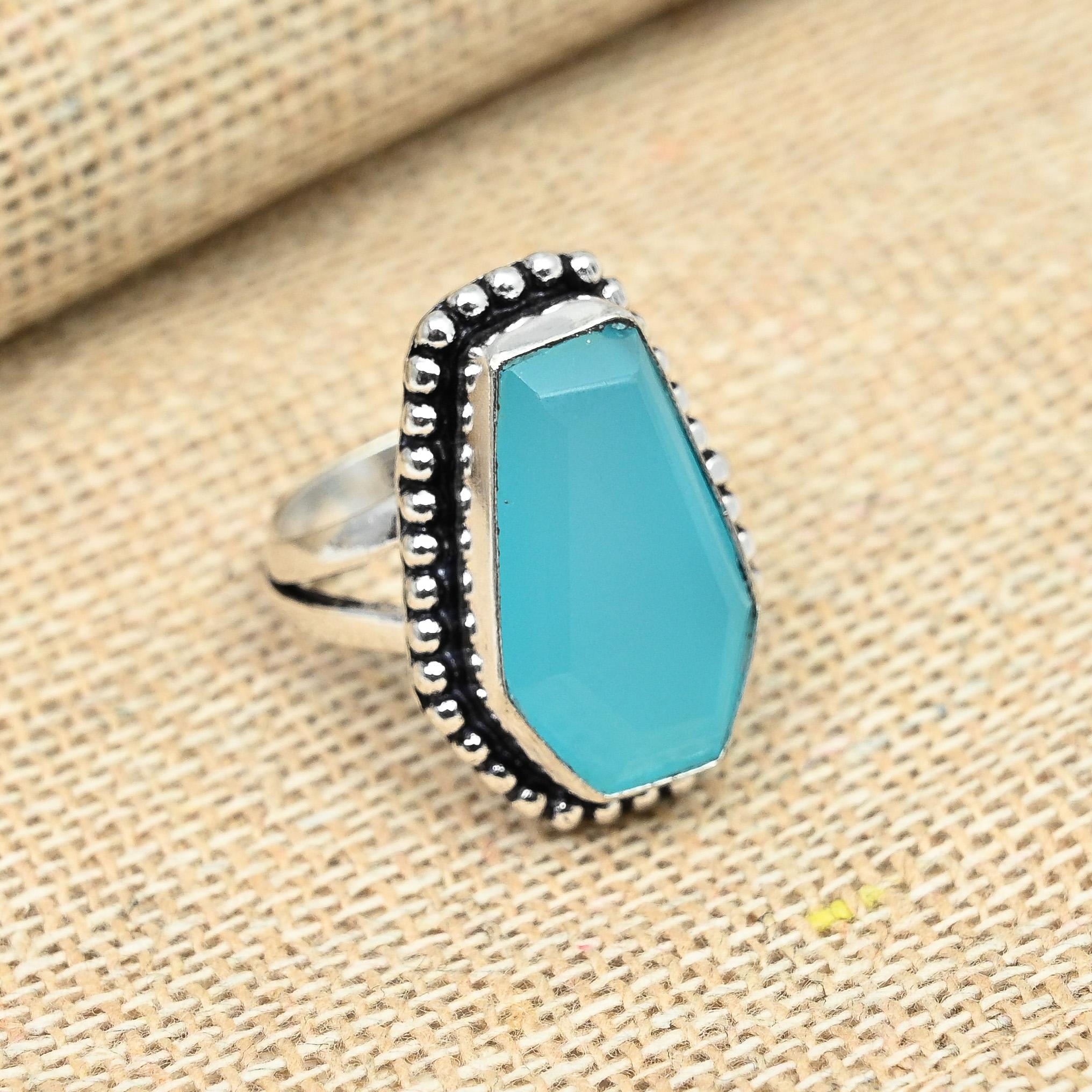 Aqua Chalcedony Gemstone 925 Sterling Silver Handmade Ring Wedding Gift Jewelry