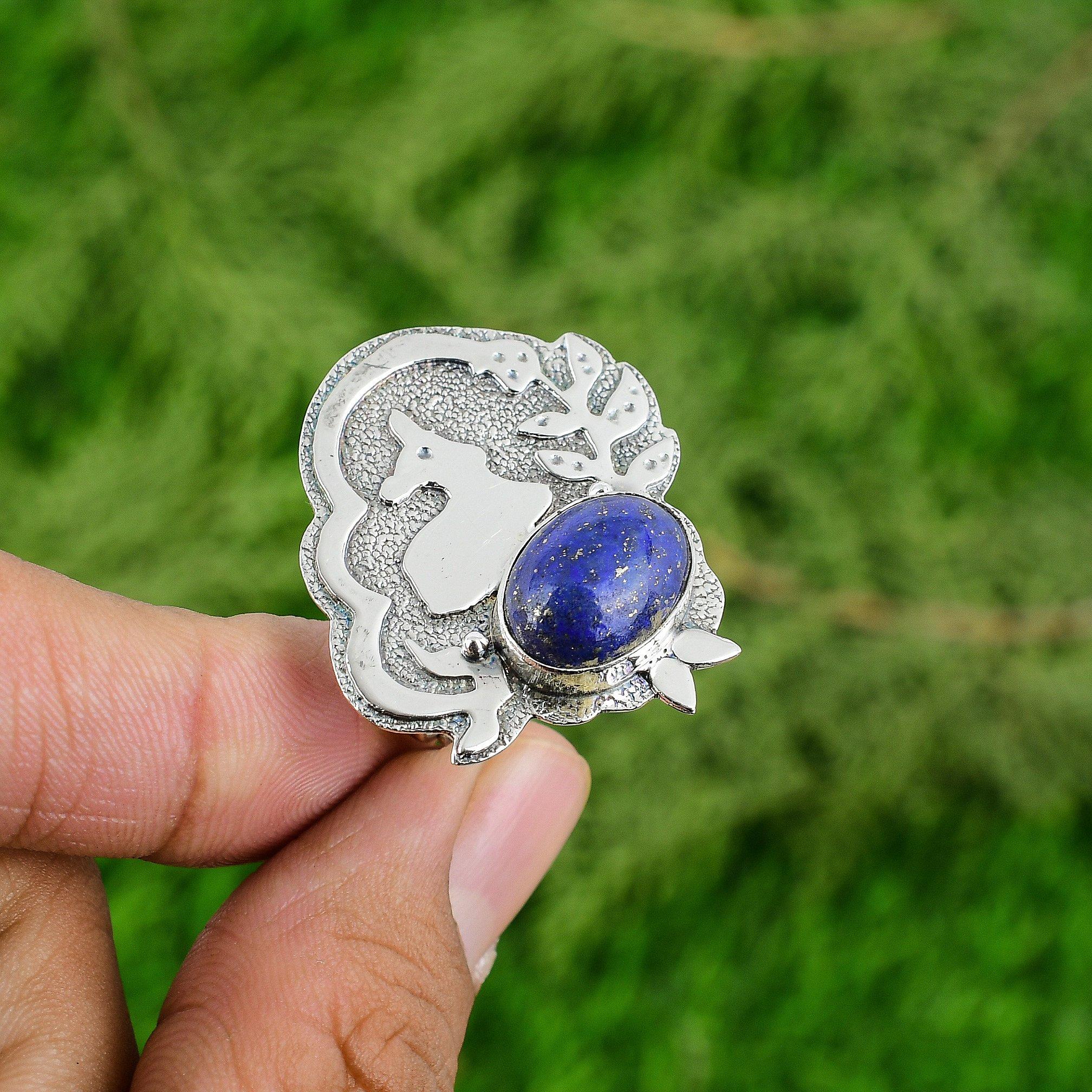 925 Sterling Silver Natural Lapis Lazuli Ethnic Stackable Sister Engagement Ring