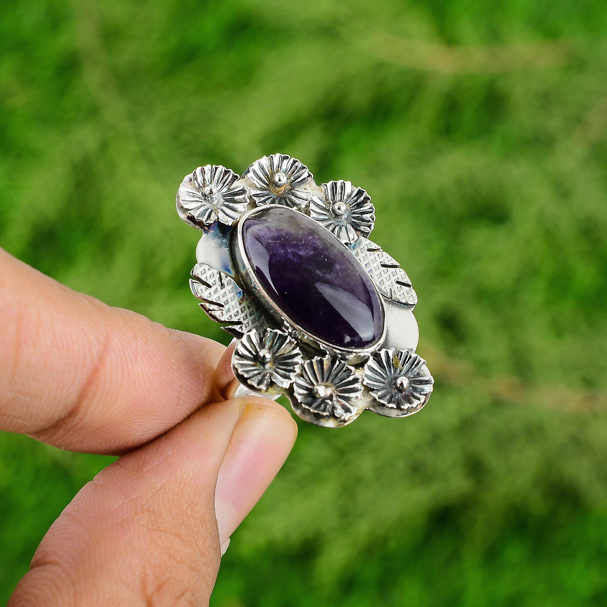 Gift For Her Natural Chevron Amethyst Promise Flower Adjustable Ring 925 Silver