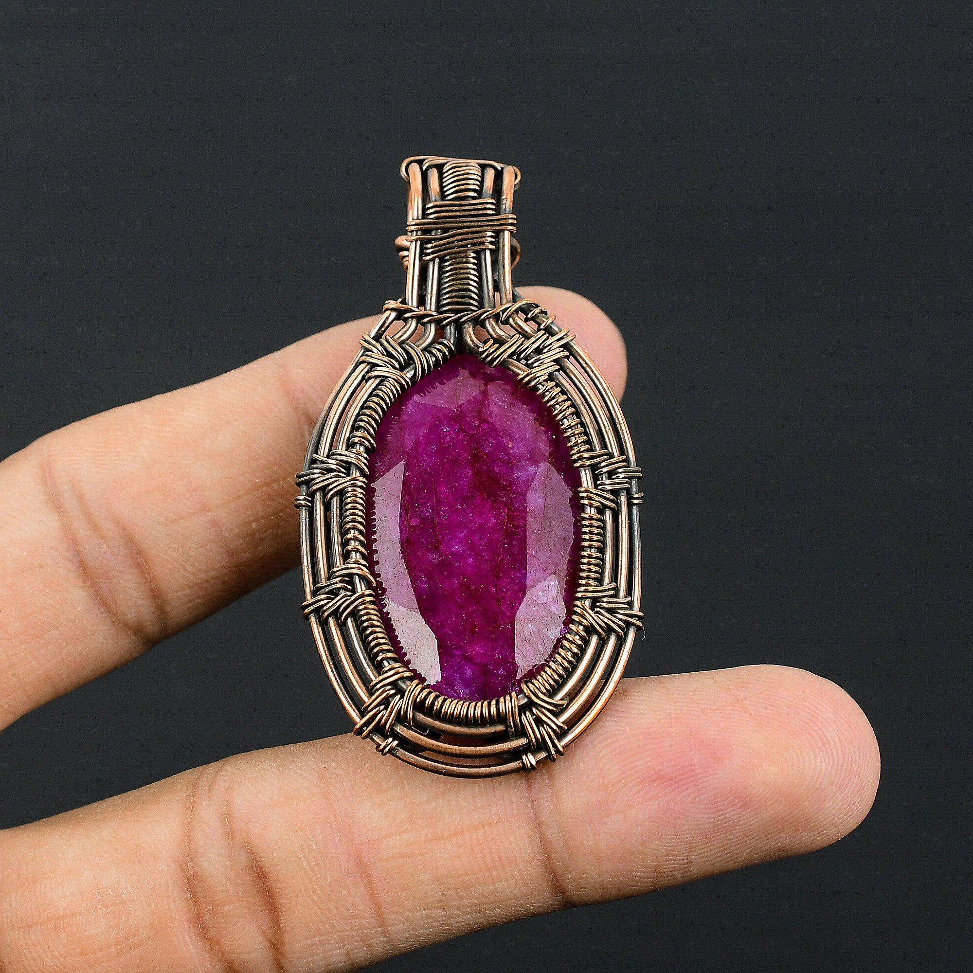 Ruby Pendant Gemstone Jewelry, 999 Copper Wire Wrapped Handmade Pendant, Latest Design Jewelry