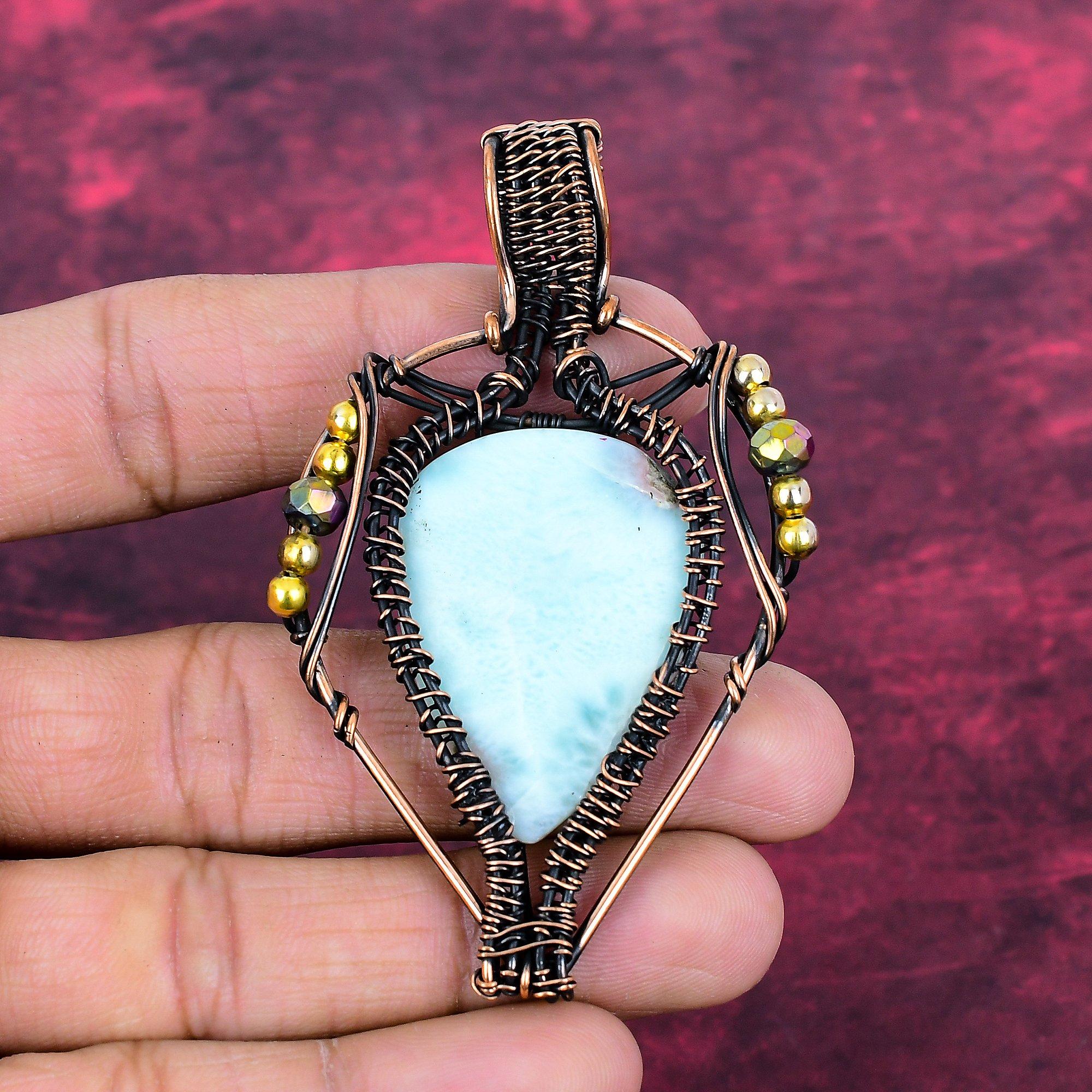 Larimar Pendant Gemstone Jewelry Copper Wire Wrapped Pendant Handmade Pendant