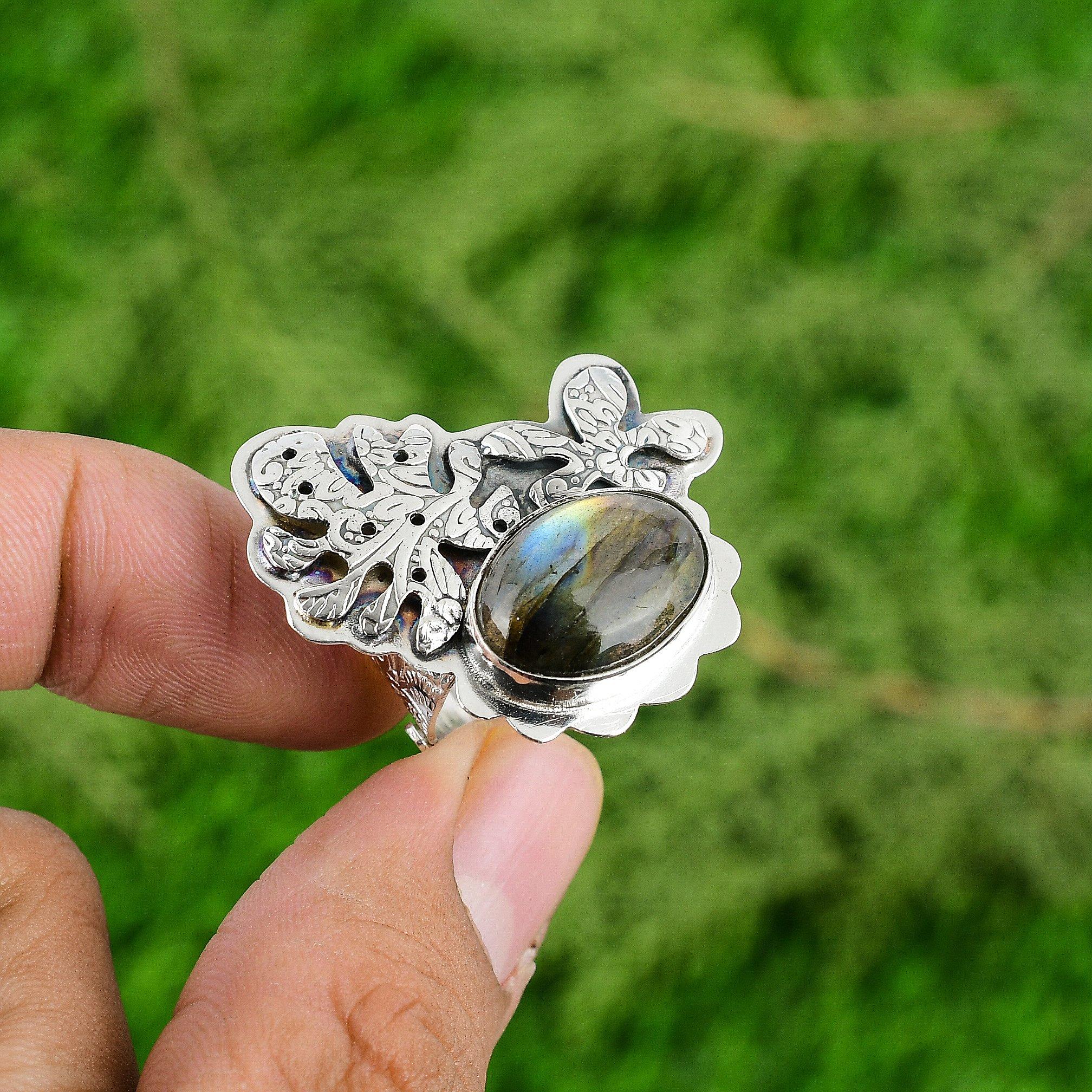 Natural Labradorite Gemstone Statement Adjustable Ring 925 Silver For Girls