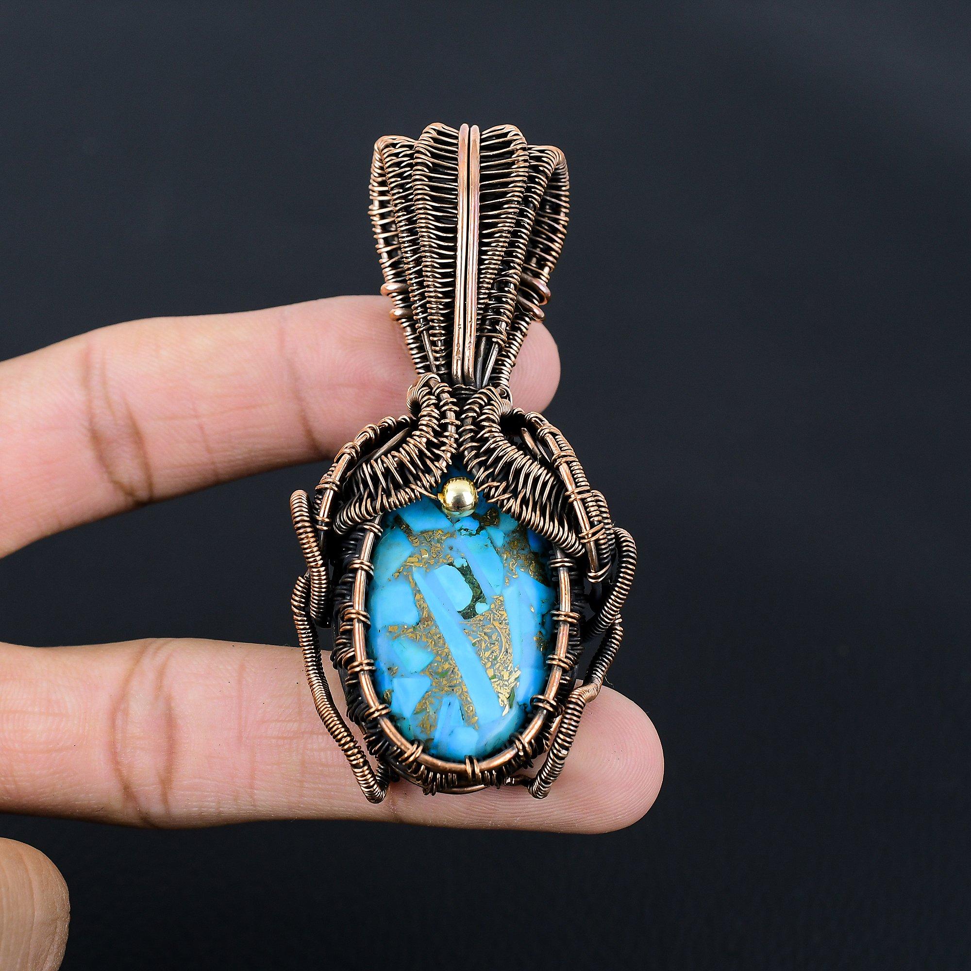 Unique Copper Turquoise Gemstone Handmade Pure Copper Wire Wrapped Pendant Jewelry