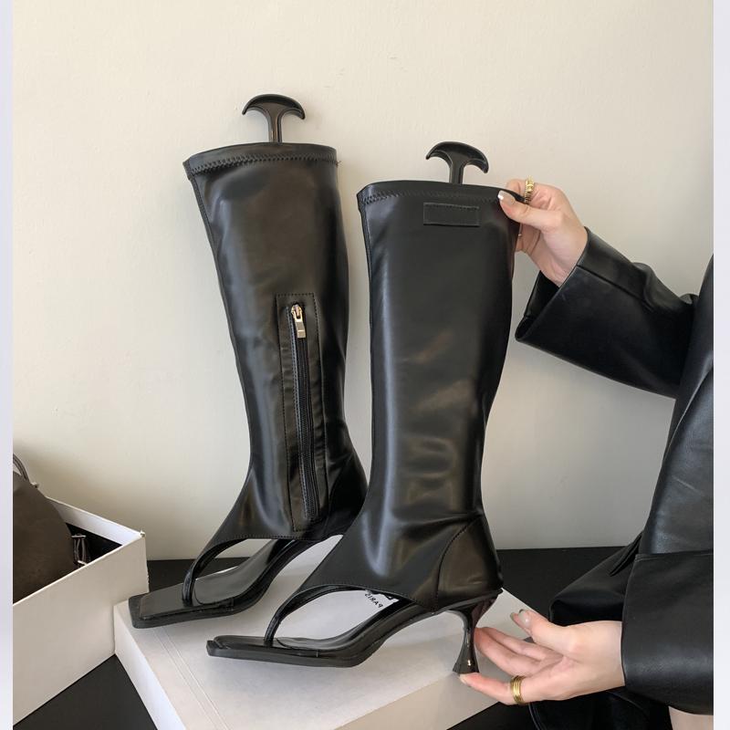 Eilyken Spring Square Clip Toe Knee High Boots Women Thin Low Heels Side Zipper Booties Sandals Shoes Zapatos De Mujer