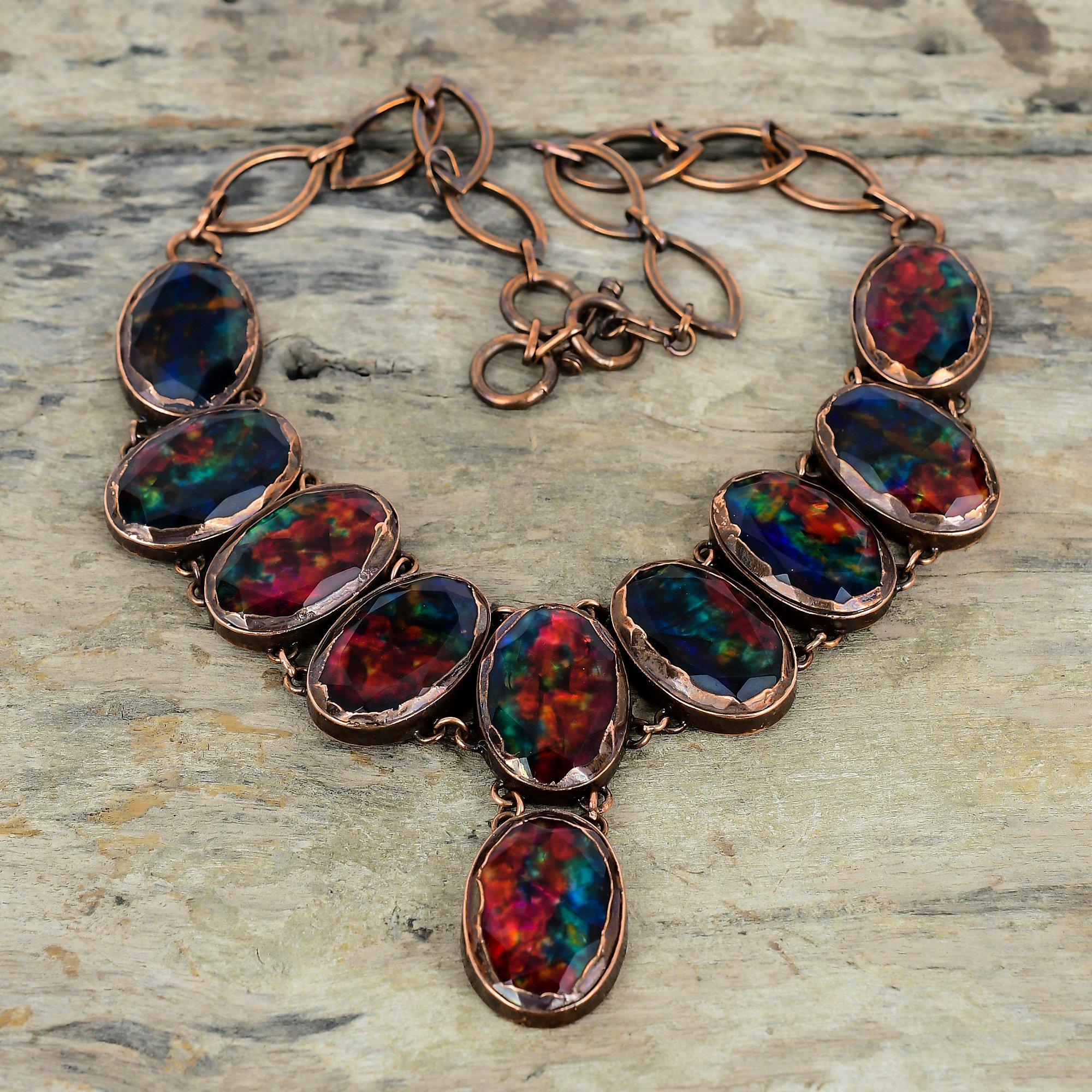 Faceted Ammolite Necklace Electroformed Copper Necklace Adjustable Chain Necklace Handmade Dainty Gemstone Necklace Copper Jewelry For Gifts