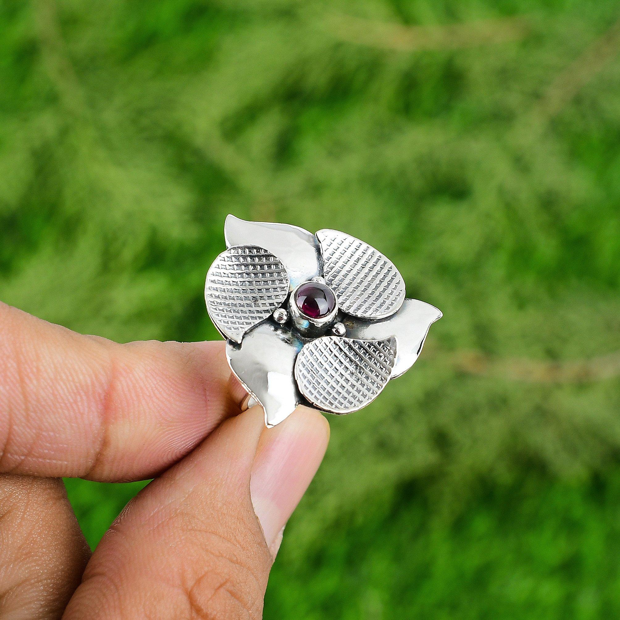 Natural Tourmaline Gemstone Statement Flower Pink Adjustable Ring 925 Silver