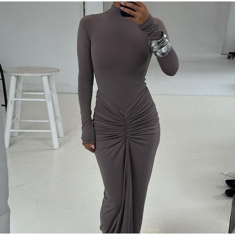 Ruched Skinny Stretch Simple Solid Long Dress Women Autumn Fashion Full Sleeve O-Neck Basic Classic Skirt