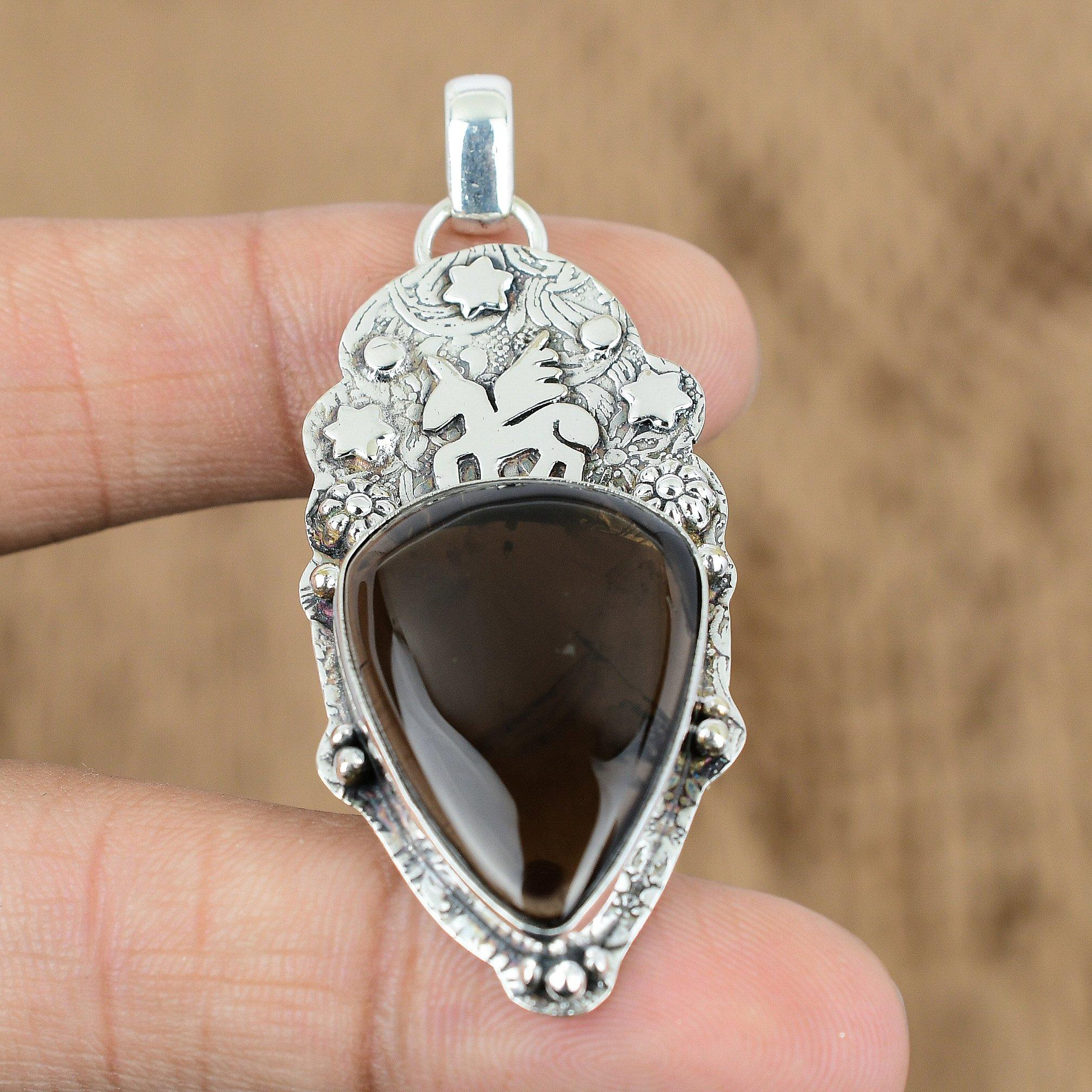 Natural Smokey Quartz Gemstone 925 Sterling Silver Pendant Unicorn For Women