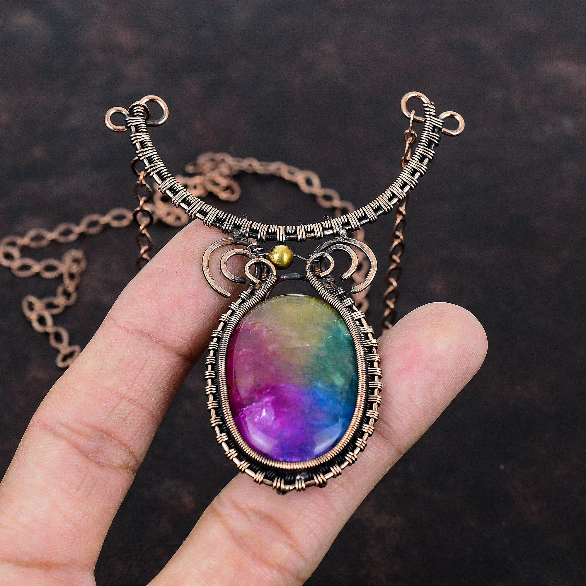Rainbow Solar Quartz Druzy Necklace Copper Wire Wrapped Necklace Adjustable Necklace Gemstone Copper Jewelry Handmade Jewelry Gift For Wife
