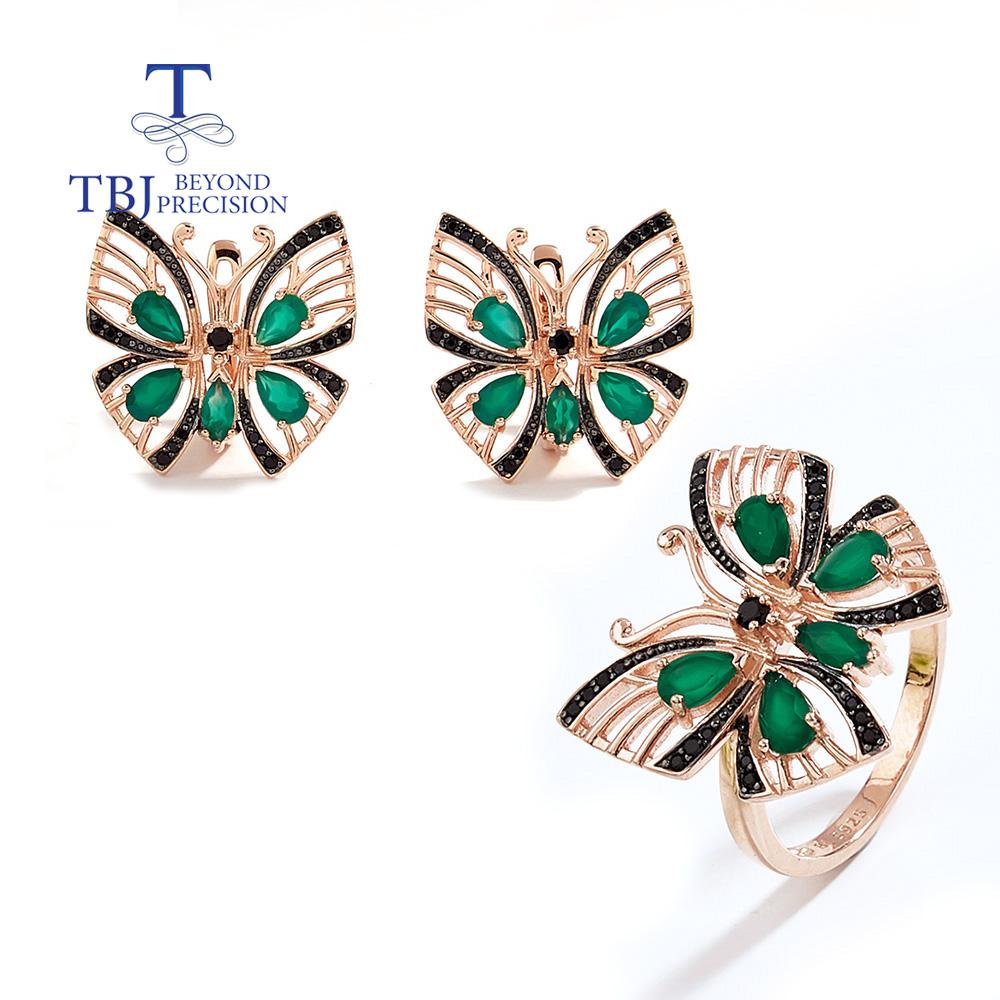 Awesome Butterfly Design Silver Clasp Earring & Ring Set Made Natural Green Agate Gems Luxury Jewelry for Women Anniversary Gift
