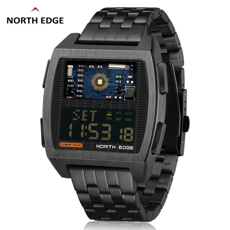 NORTH EDGE Herren Digitaluhr Retro Industrie Metall Stil Wasserdicht 50M Sport Uhren Für Männer Welt Zeit reloj de hombre