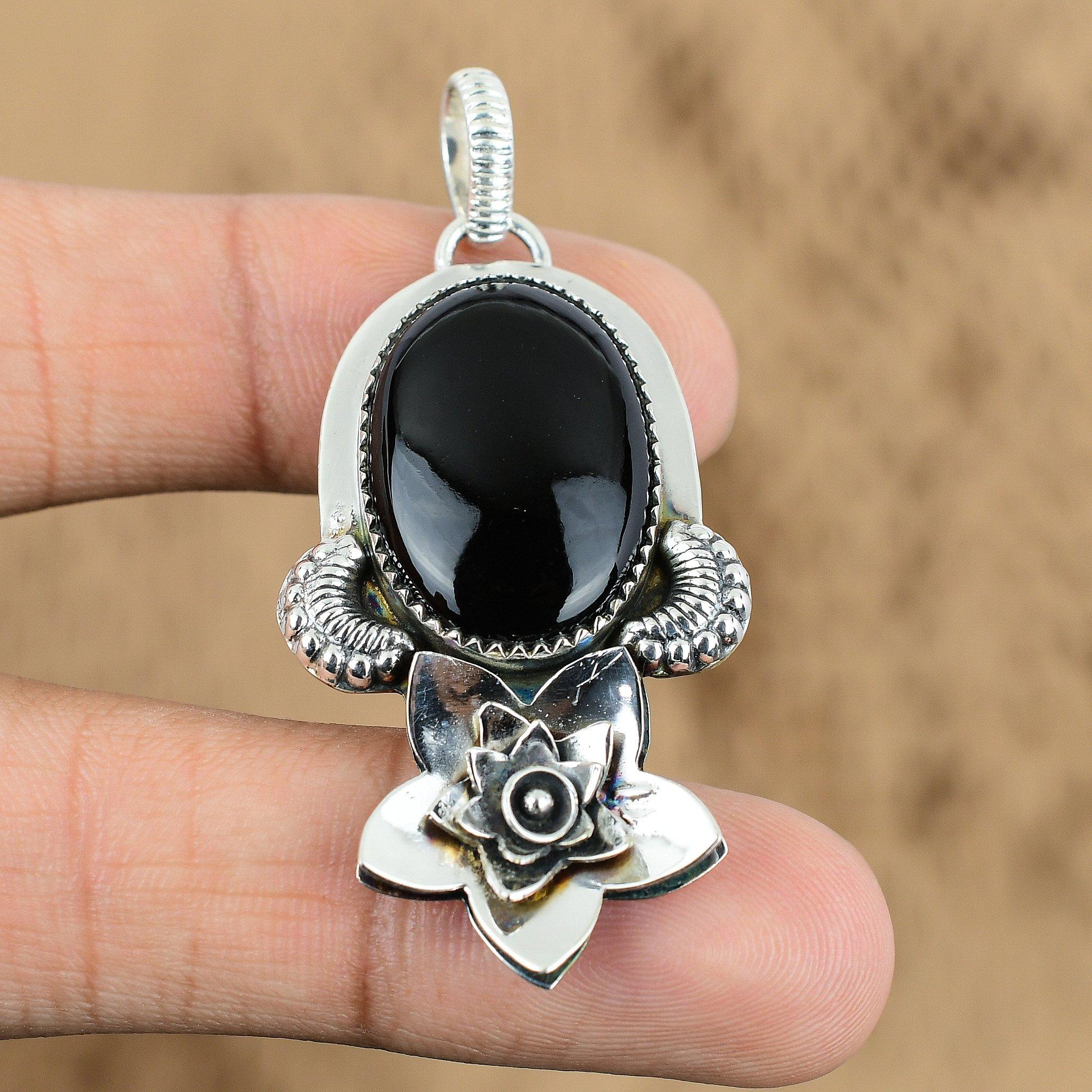 Womens day Deal Sterling Silver Root Chakra Black Onyx Stone Wife Flower Pendant