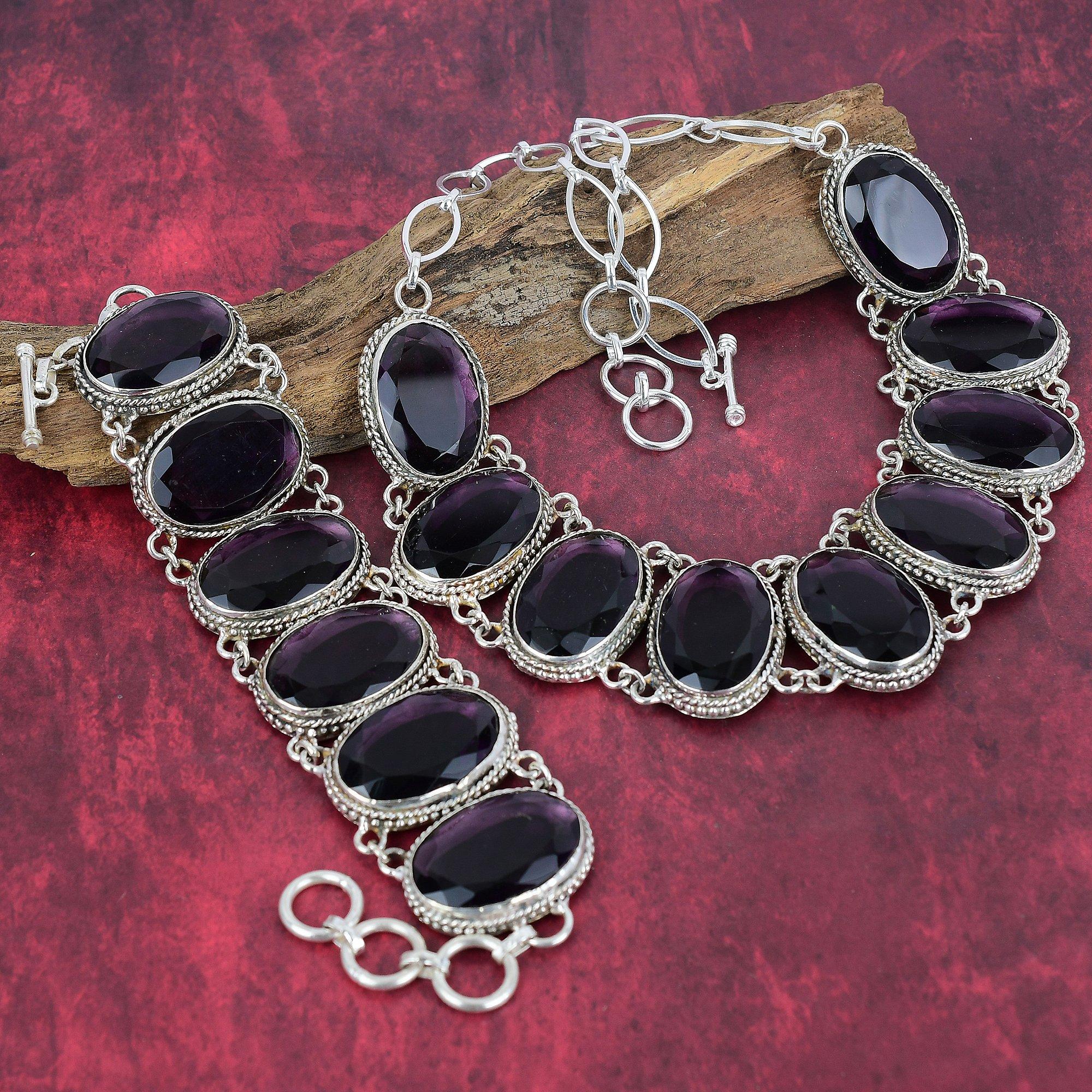 Amethyst 925 Solid Sterling Silver Jewelry Set, Handmade Beautiful Necklace & Bracelet Jewelry Set, Adjustable Gemstone Jewelry For Her