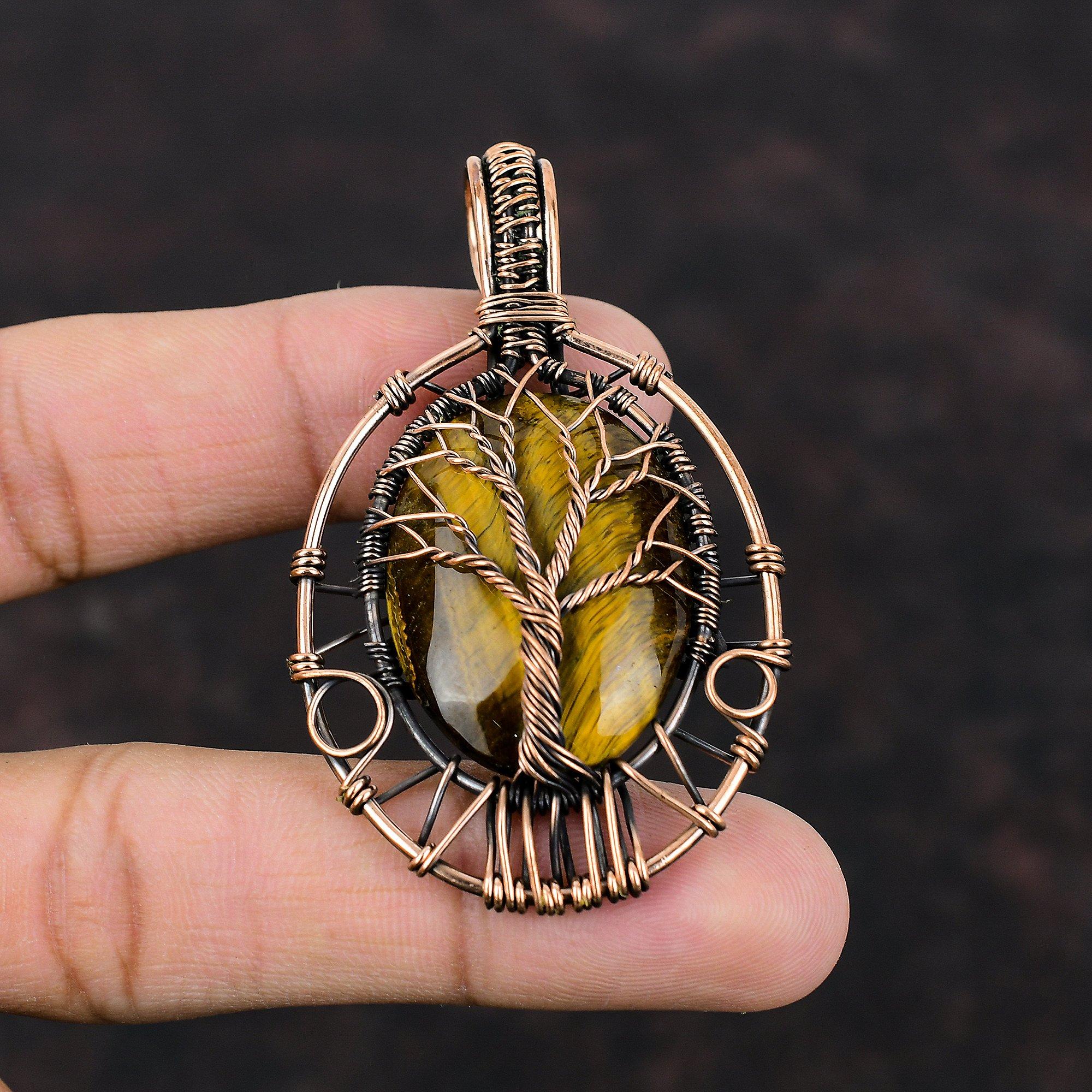 Pandantiv Arborele Vieții Ochi de Tigru Pandantiv Înfășurat în Sârmă de Cupru Bijuterii Arborele Vieții Pandantiv cu Piatră Semiprețioasă Făcut Manual Bijuterii din Sârmă de Cupru Cadou Pentru Mamă