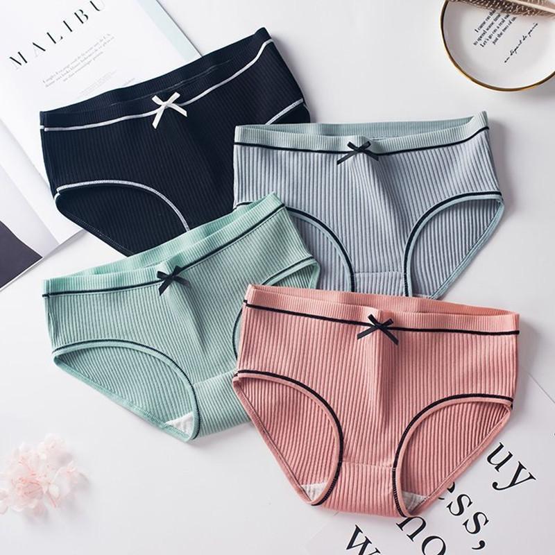 3Pcs Cotton Underwear Women Seamless Briefs Bowknot Stripes Underpants Breathable Mid-Waist Briefs for Female
