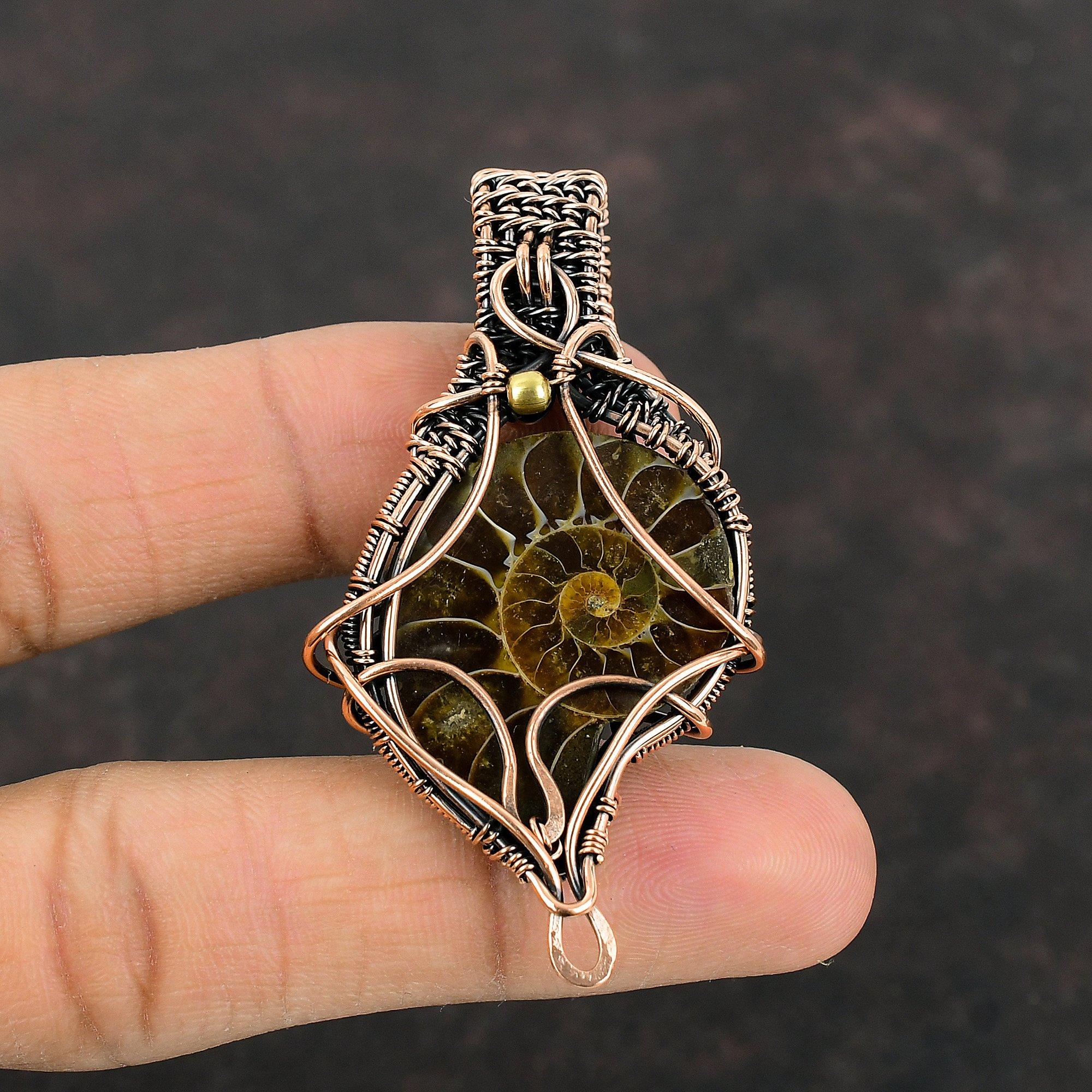 Ammonite Fossil Pendant Copper Wire Wrapped Pendant Gemstone Copper Jewelry Handmade Dainty Pendant Ammonite Fossil Jewelry Pendant For Gift