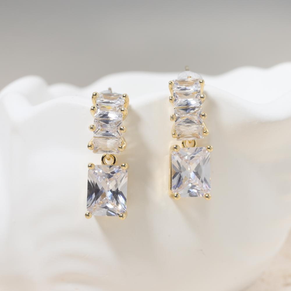 Golden Plated Copper Earrings with Clear Square Zirconia for Women Jewelry