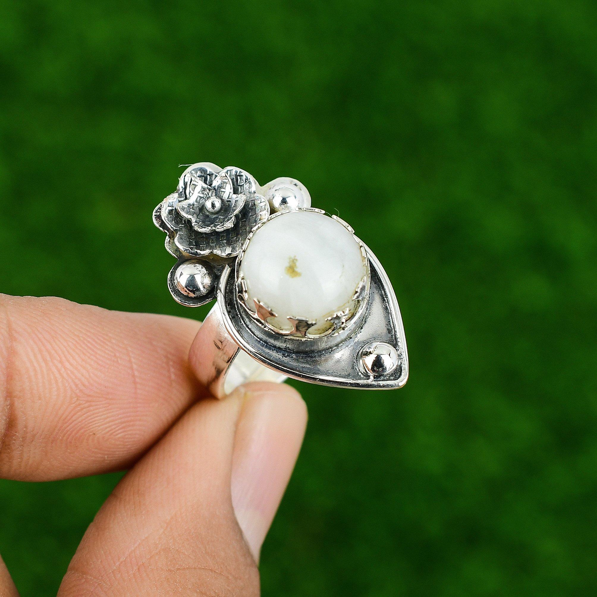 Gift For Her 925 Silver Natural Rainbow Moonstone Promise Flower Adjustable Ring