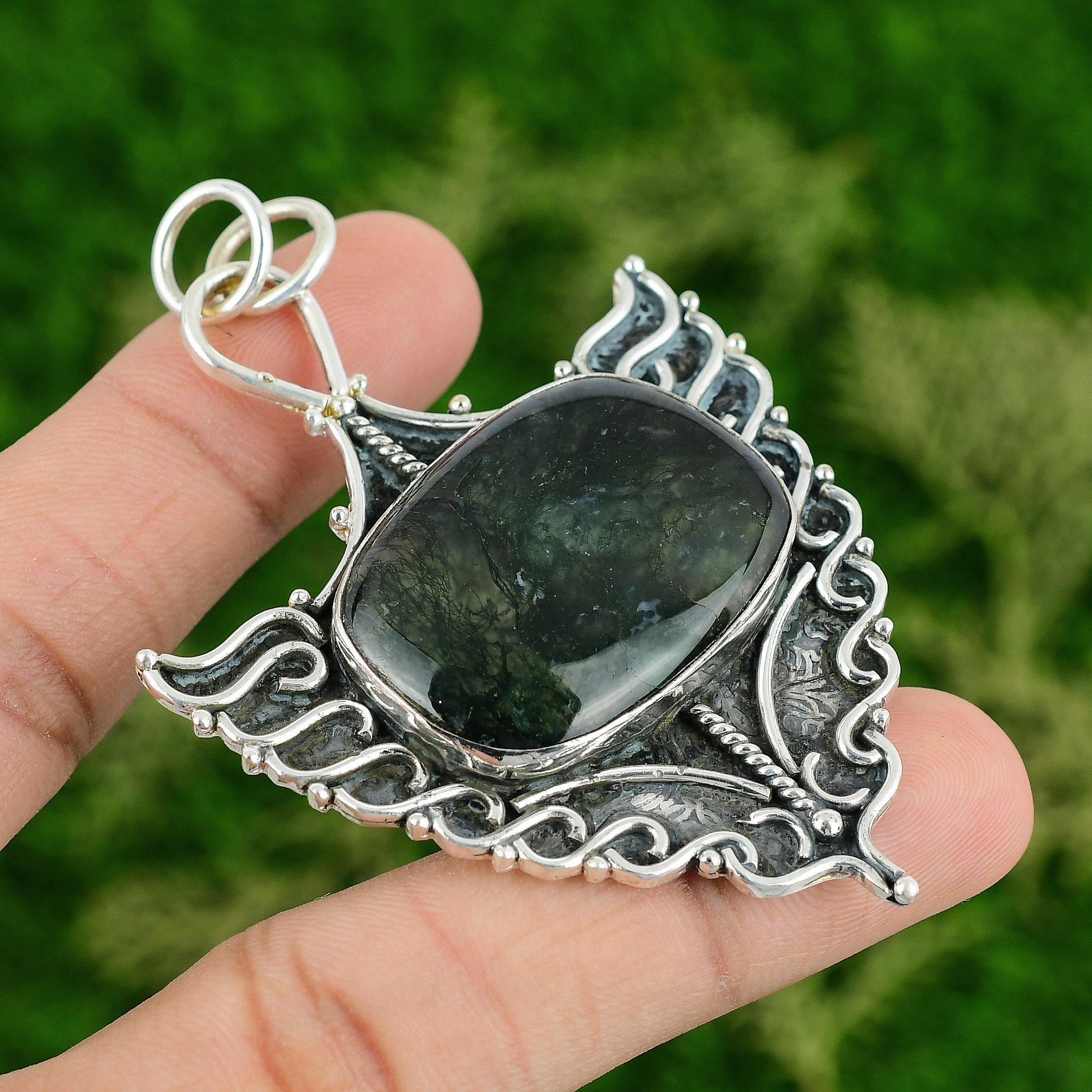 925 Silver Solar Moss Agate Stone Boho Wedding Anniversary Bezel Pendant Jewelry