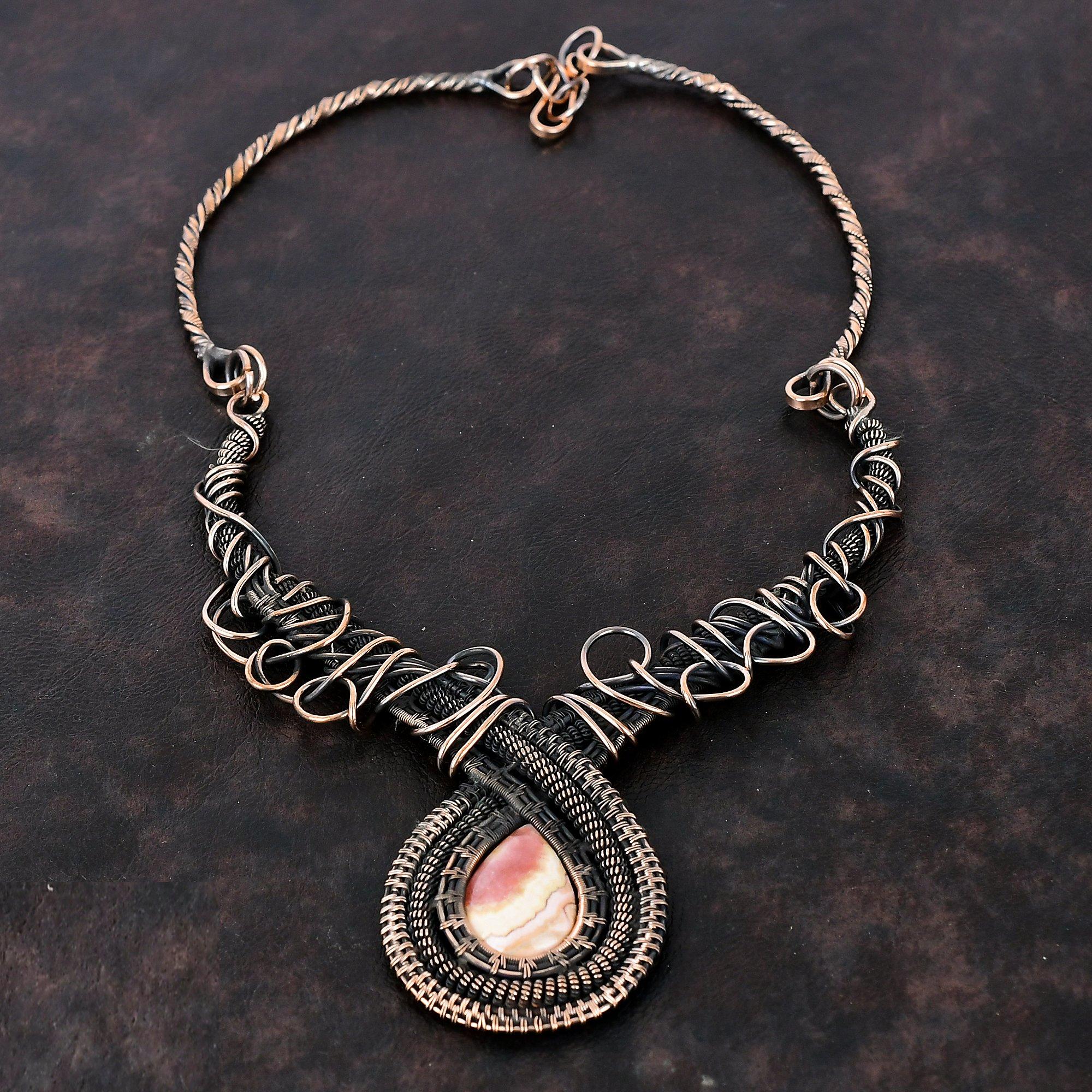 Rhodochrosite Necklace Copper Wire Wrapped Adjustable Necklace Copper Jewelry Handmade Necklace Rhodochrosite Gemstone Jewelry Gift For Mom