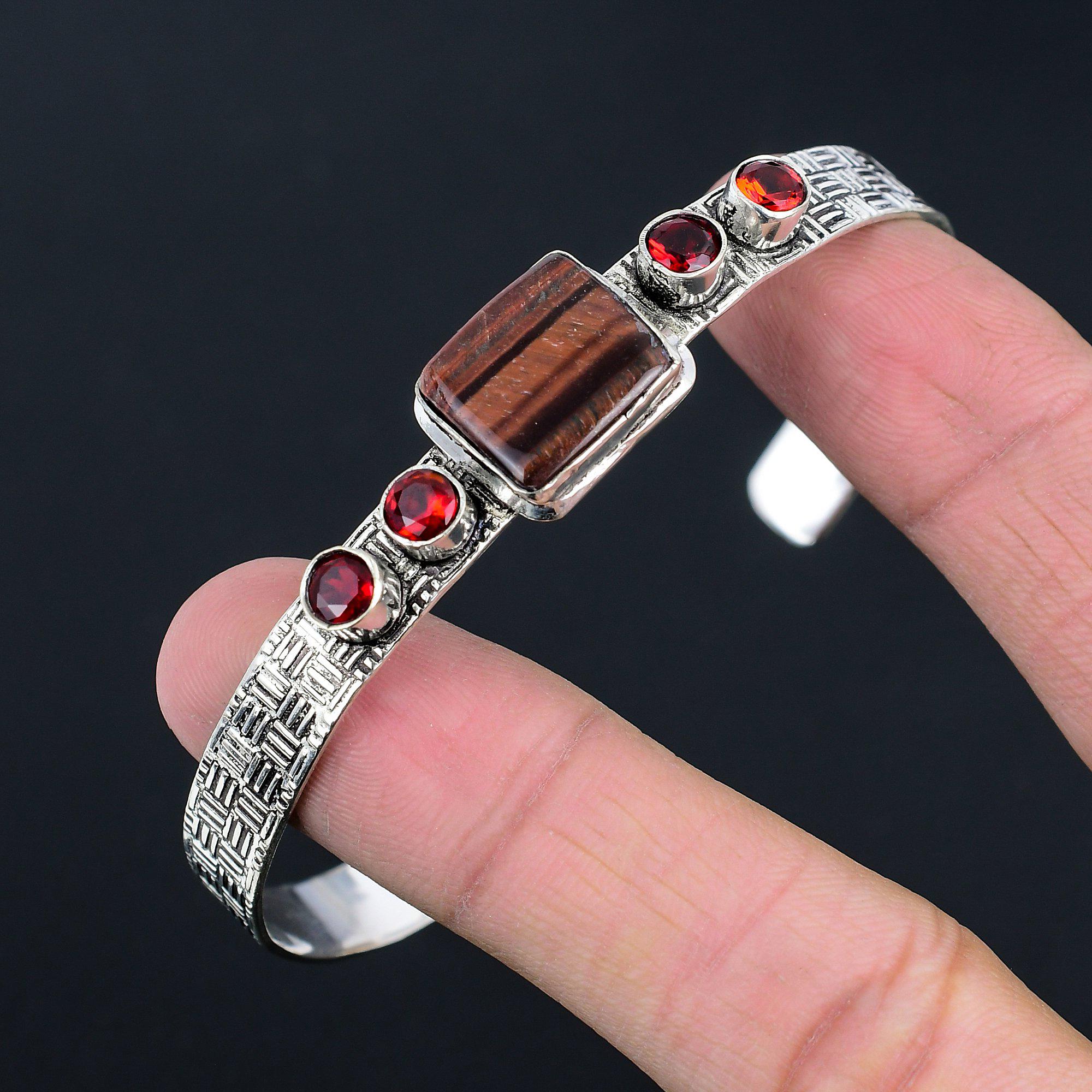 Sisters Day Deal Natural Tiger Eye Garnet Boho Bangle Bracelet Sterling Silver