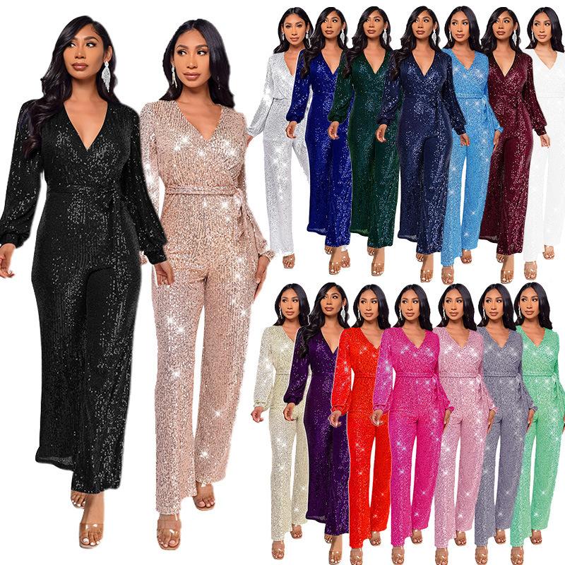Sparkly Jumpsuits For Women Dressy Formal Plus Size Long Sleeve Sequin Party Rompers Sexy V Neck Wide Leg Pants Suit