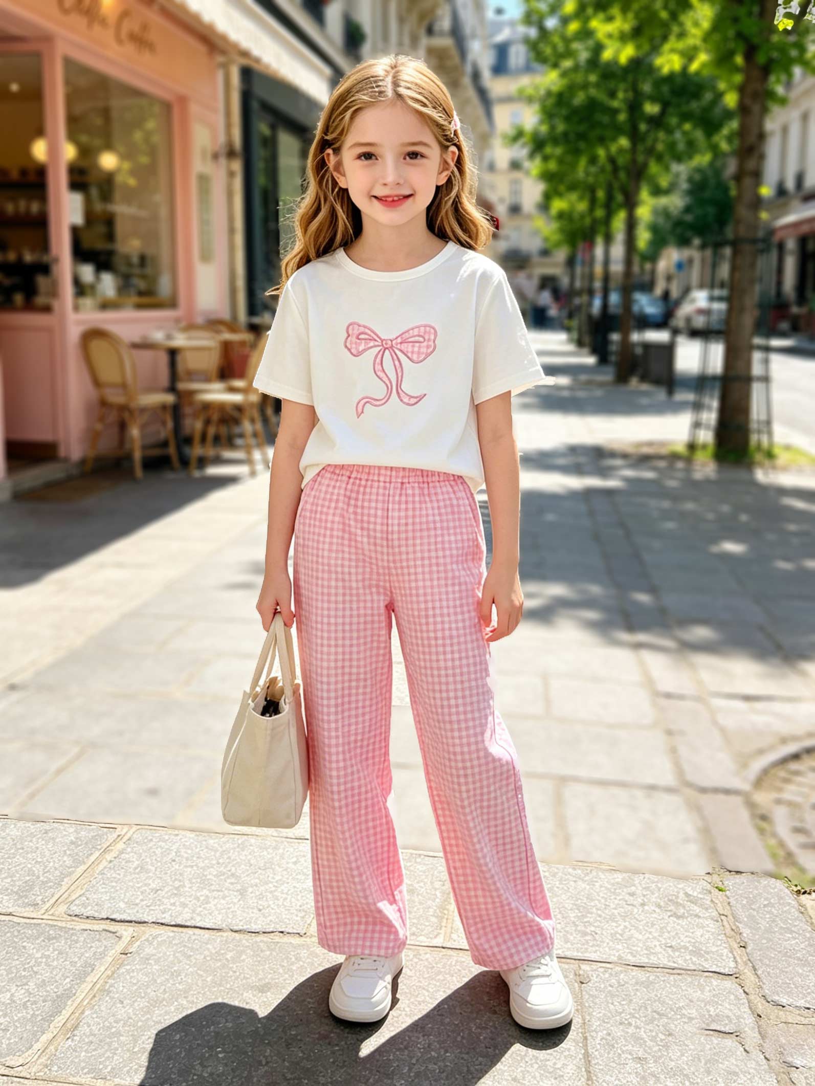 2 Pieces Girls Short Sets, Bow Graphic T-Shirt & Pink Gingham Wide Leg Pants Set for Kids Size 8-12 Years