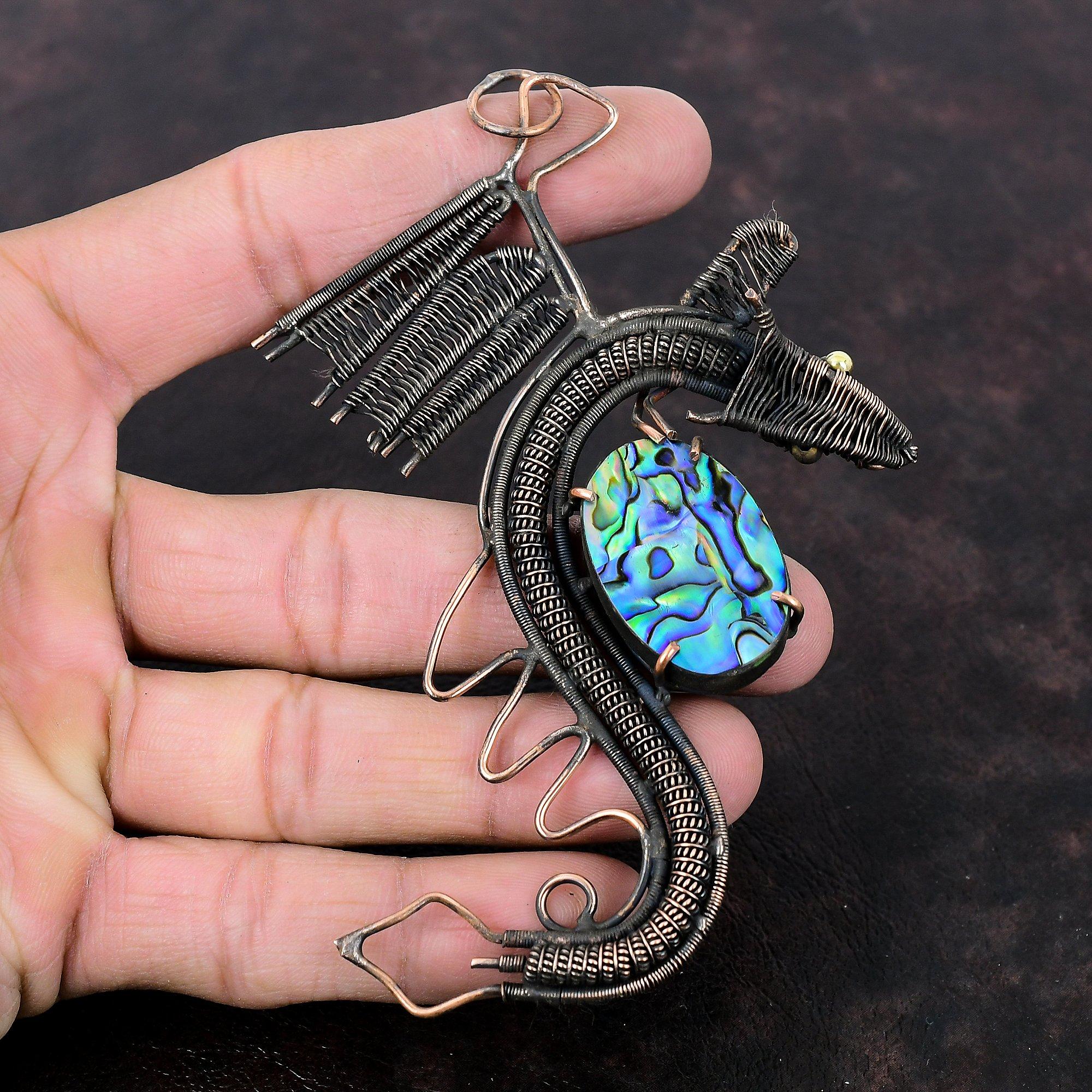 Abalone Shell Pendant Copper Wire Wrapped Pendant Handmade Wire Wrap Jewelry Dragon Gemstone Pendant Very Pretty Copper Jewelry Gift For Mom