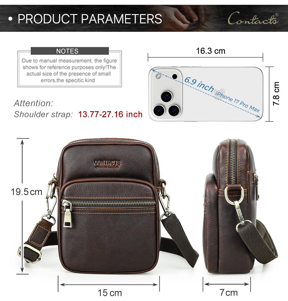 Men Top Grain Crazy Horse Leather Crossbody Bag Multi-Zipper Pockets Vintage Texture