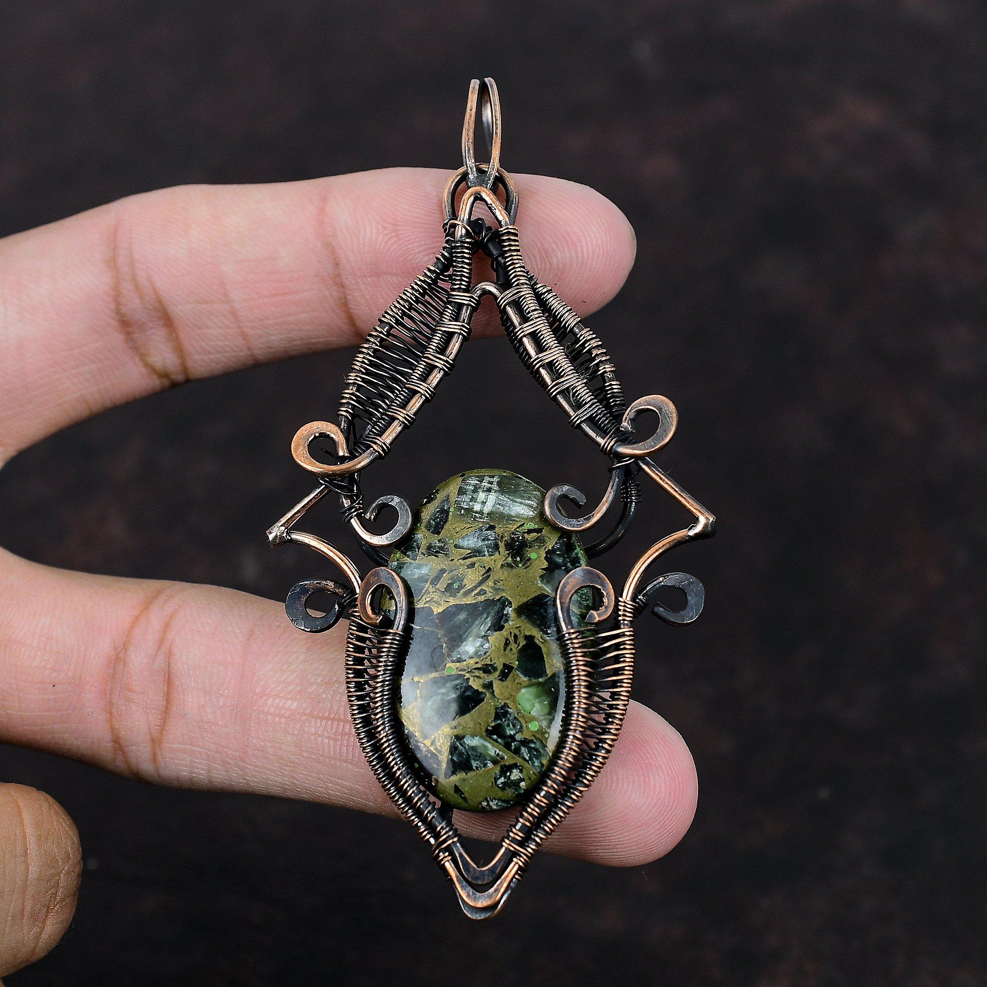 Copper Seraphinite Pendant Copper Wire Wrapped Pendant Natural Gemstone Pendant Handmade Copper Jewelry Anniversary Gift Seraphinite Jewelry