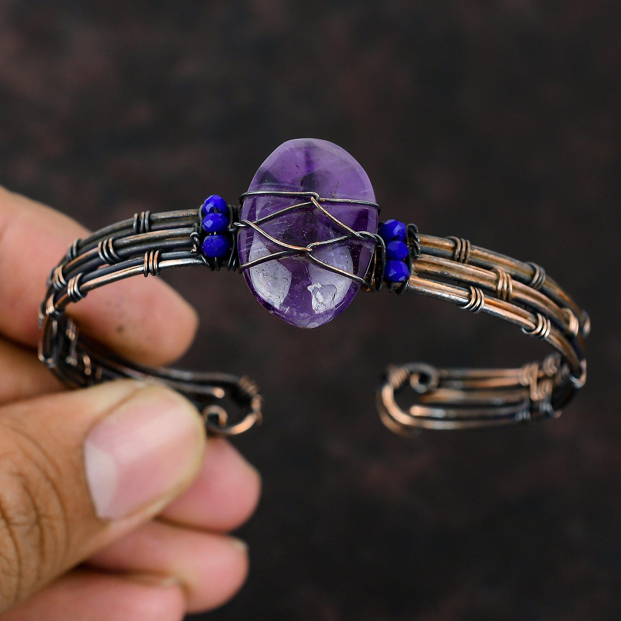 Star Amethyst Cuff Bracelet Lapis Lazuli Beads Bangle Copper Wire Wrapped Jewelry Adjustable Cuff Bracelet Gemstone Jewelry Handmade Bangle