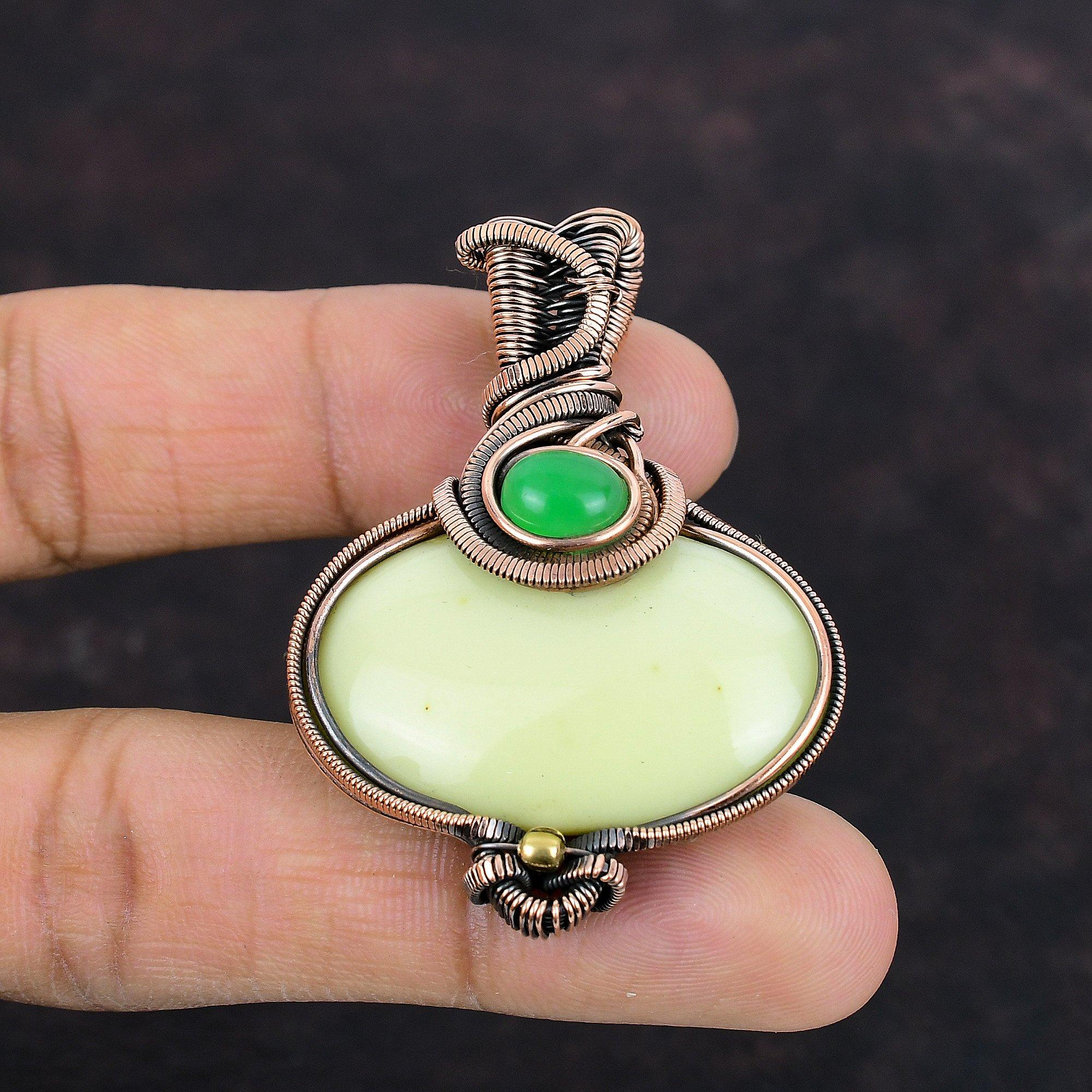 Serpentine Gemstone Pendant Copper Wire Wrapped Pendant Green Chalcedony Pendant Wire Wrap Jewelry Handmade Pendant Copper Jewelry For Gift