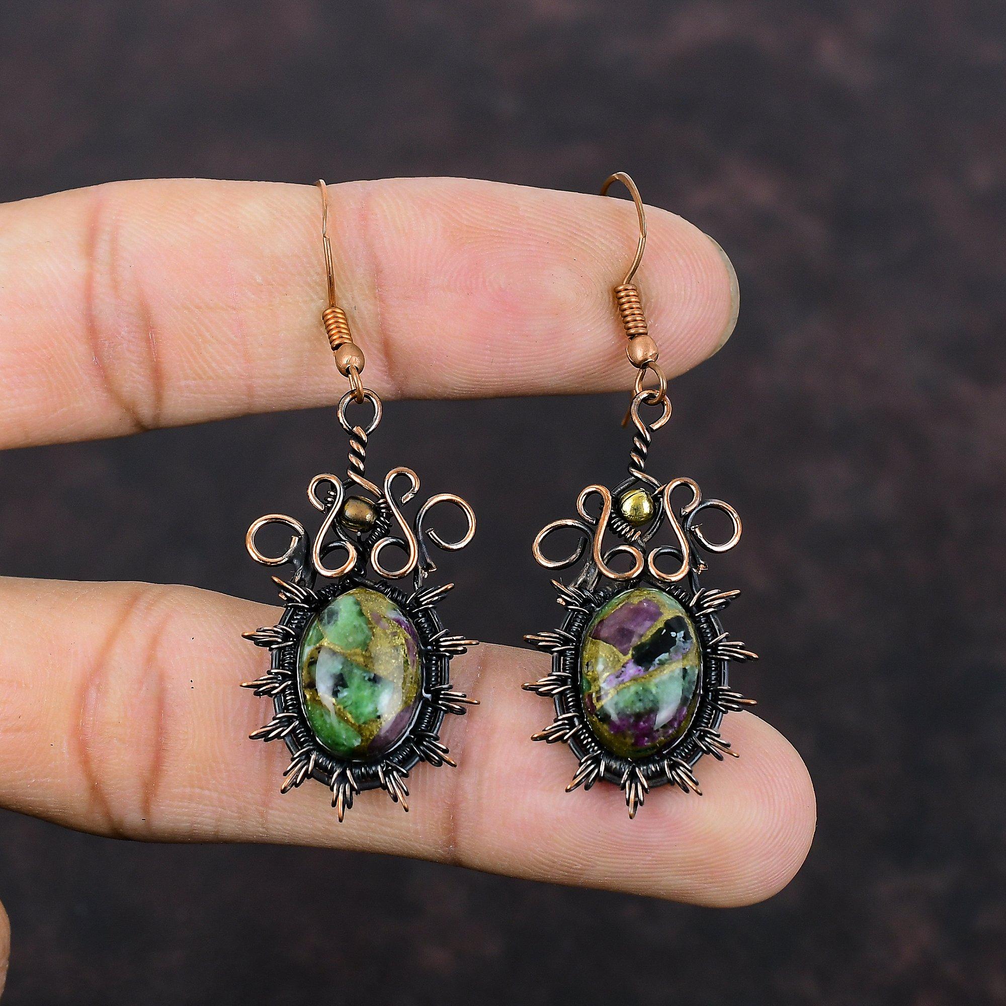 Copper Ruby Zoisite Earring Copper Wire Wrapped Earrings Designer Earring Original Gemstone Jewelry Handmade Earring Copper Jewelry For Gift