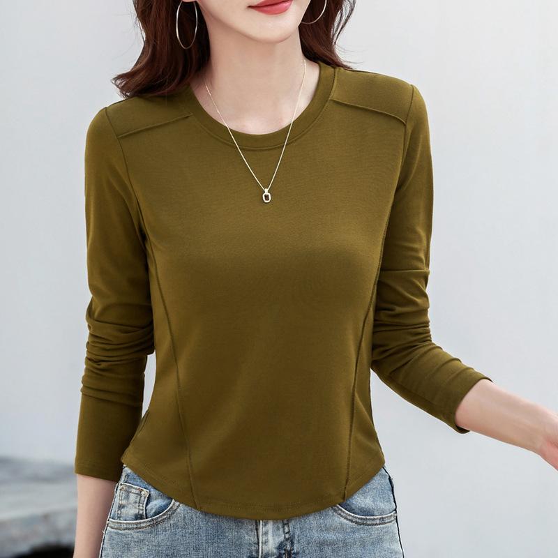 Jarní a podzimní dámská halenka s kulatým výstřihem jednobarevná top s krátkým dlouhým rukávem