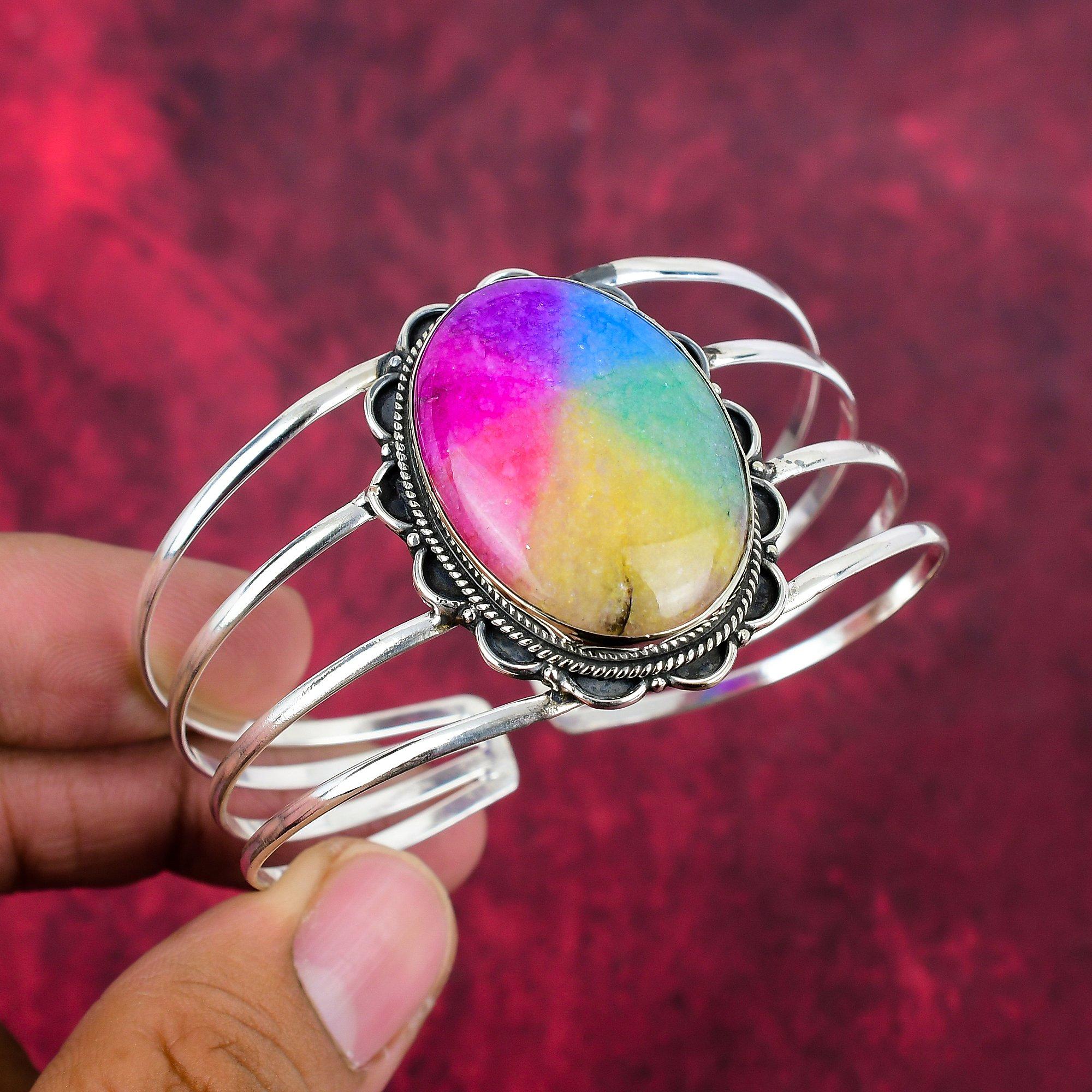 Rainbow Solar Quartz Bangle, 925 Solid Sterling Silver Bangle Gemstone Jewelry, Handmade Bangle For Wedding Gift