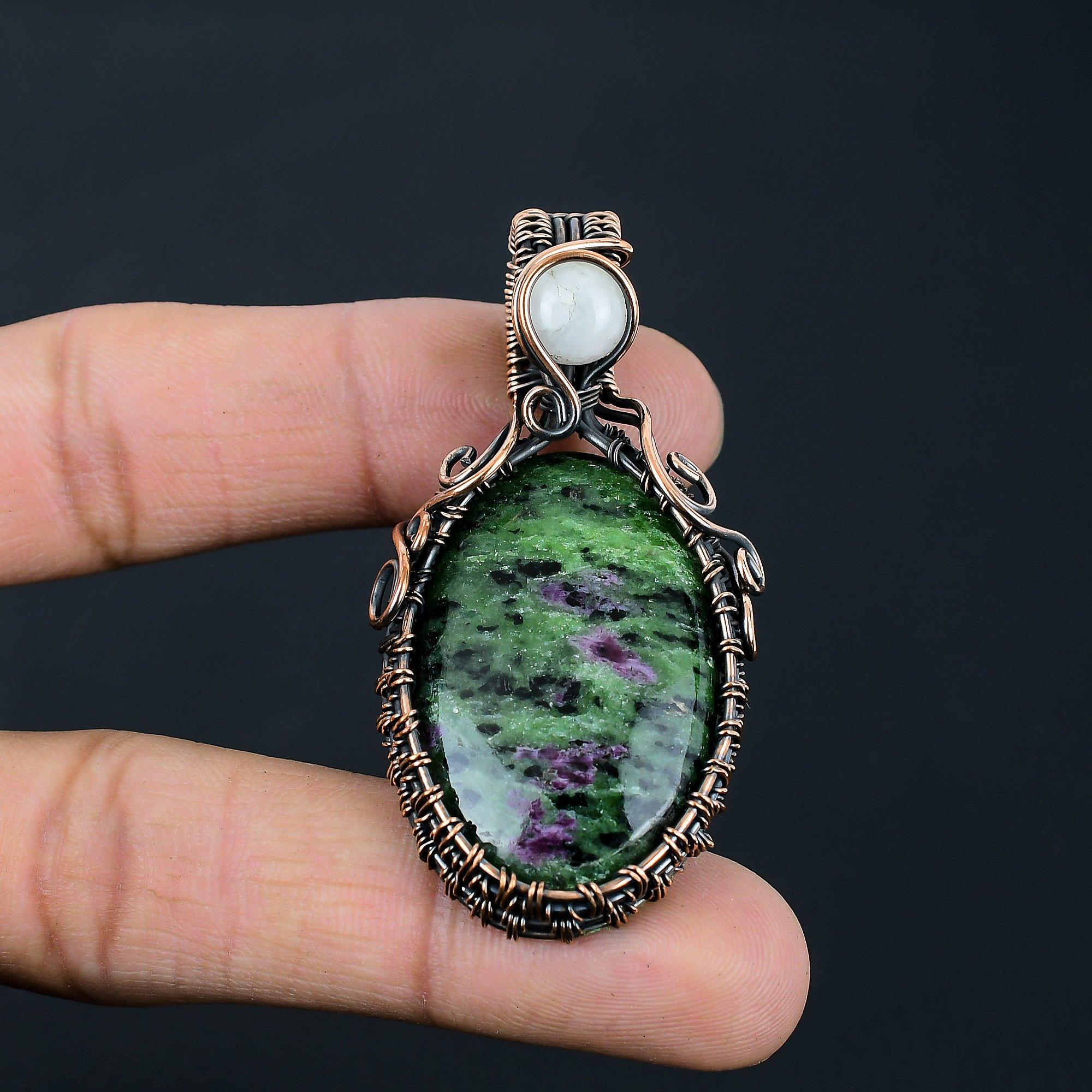 Ruby Zoisite  & Moonstone Gemstone Handmade Pure Copper Wire Wrap Jewelry Pendant For Love