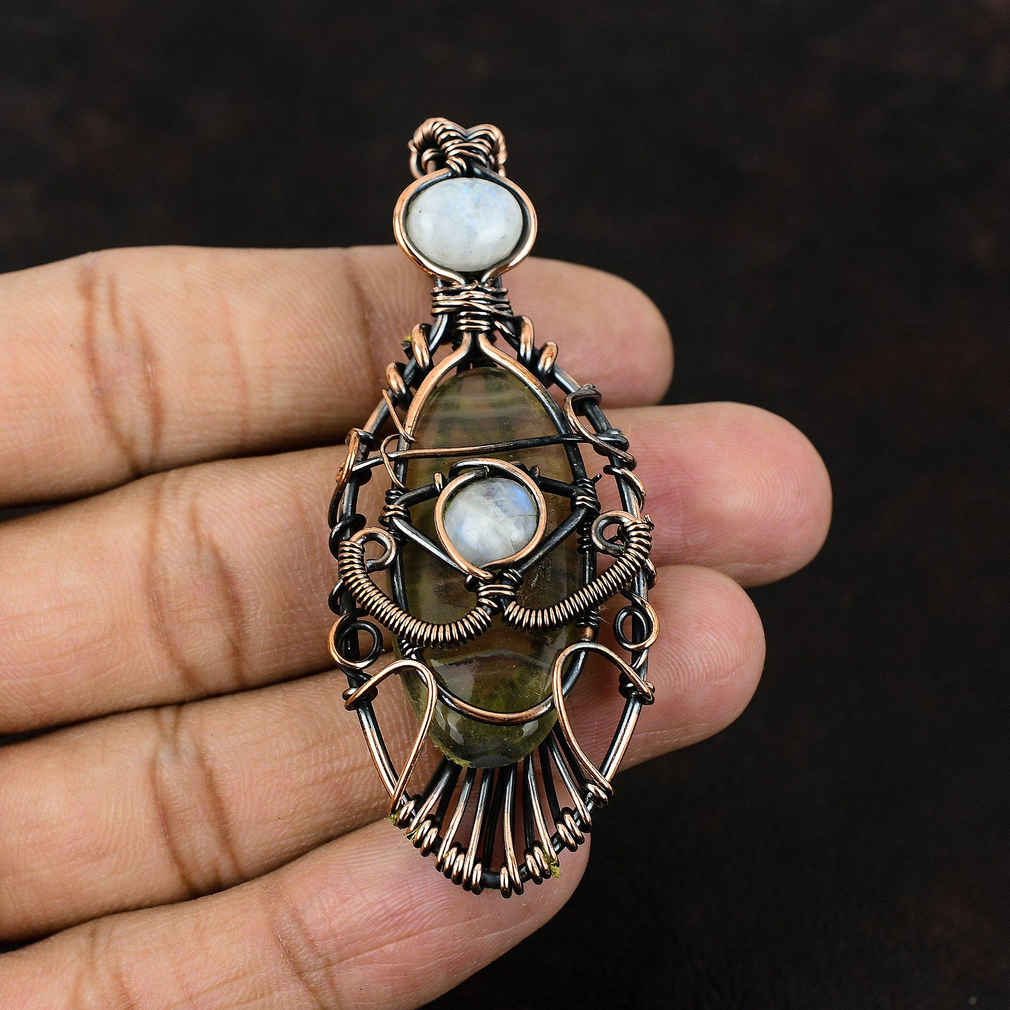 Evil Eye Fluorite Gemstone Pendant Copper Wire Wrapped Pendant Moonstone Jewelry Handmade Copper Wire Jewelry Evil Eye Pendant Birthday Gift