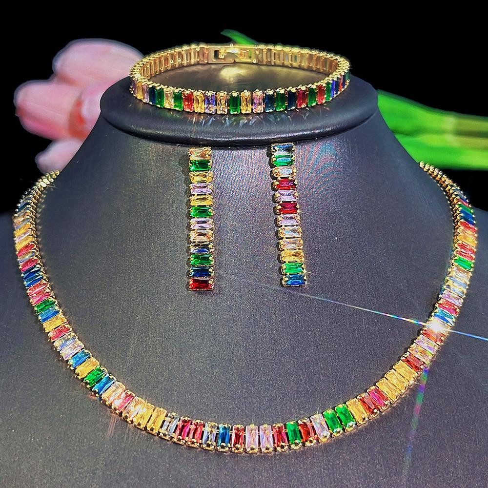 CMM 3 pezzi Top multicolore lucido CZ indiano rotondo girocollo collana orecchini braccialetto set di gioielli accessori per abiti da ballo per banchetti