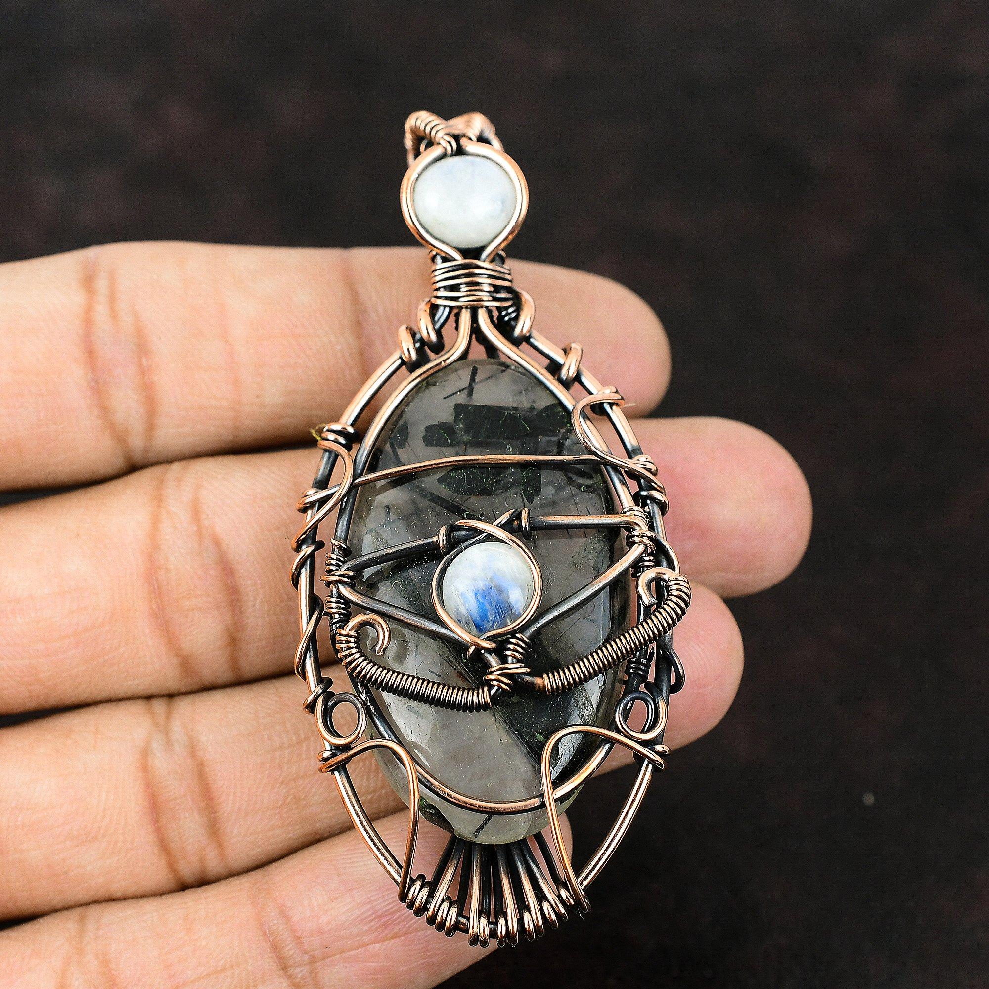 Evil Eye Black Rutile Gemstone Pendant Copper Wire Wrapped Jewelry Black Rutile Jewelry Rainbow Moonstone Evil Eye Pendant Handmade Pendant