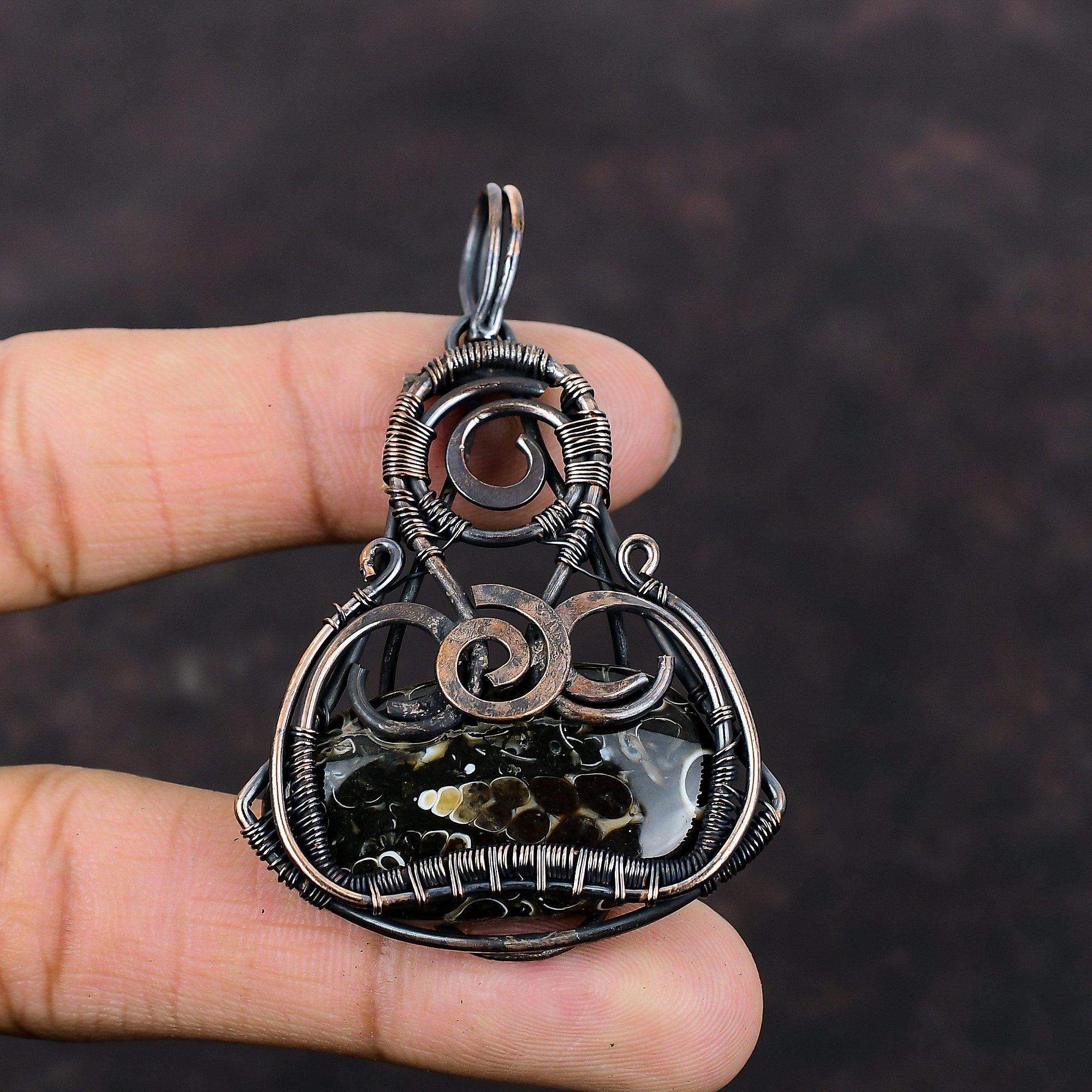 Turritella Agate Pendant Copper Wire Wrapped Gemstone Pendant Stylish Pendant Designer Copper Jewelry Gift For Women Handmade Wire Jewelry