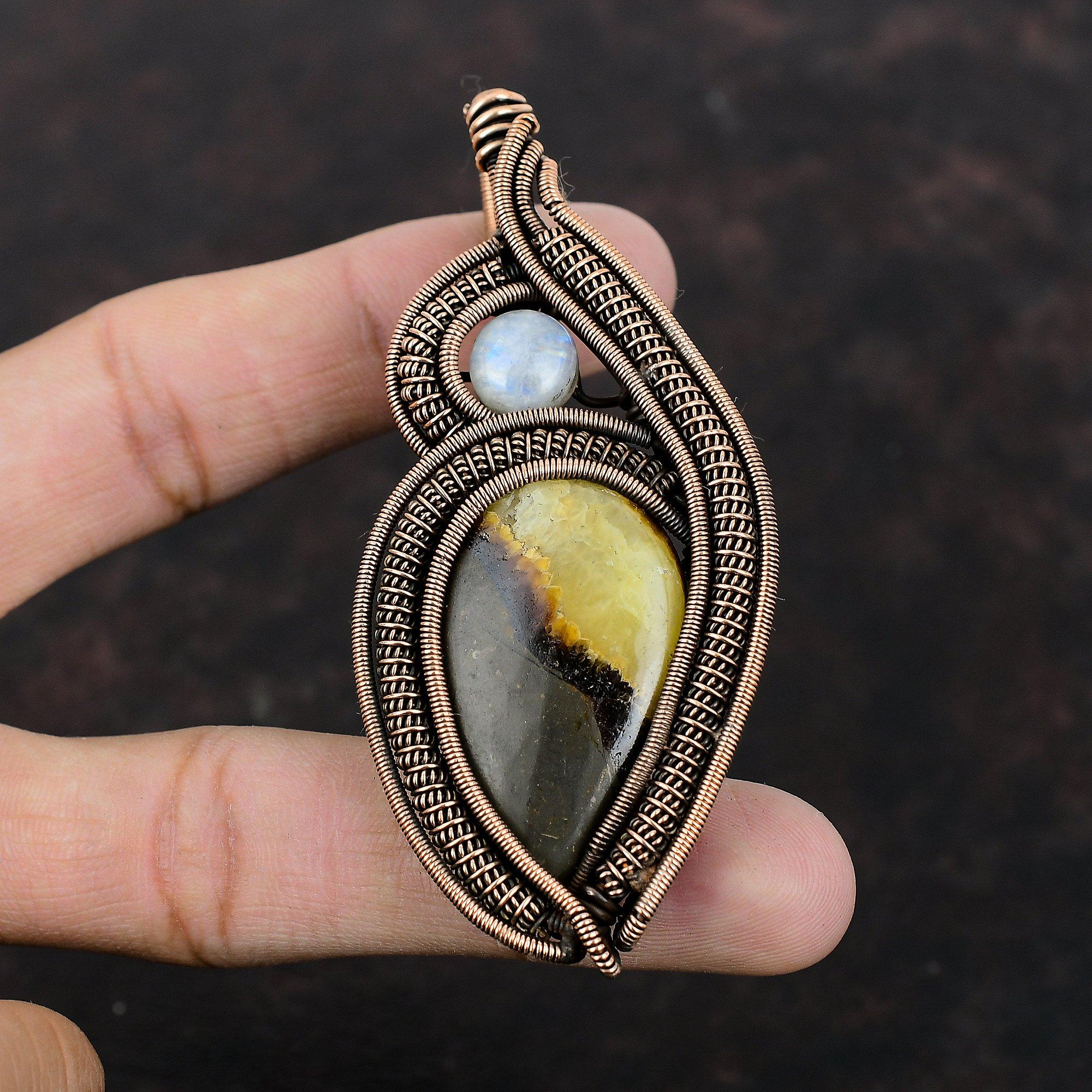 Septarian Pendant Copper Wire Wrapped Pendant Rainbow Moonstone Pendant Handmade Jewelry Gemstone Pendant Dainty Copper Jewelry Gift For Mom
