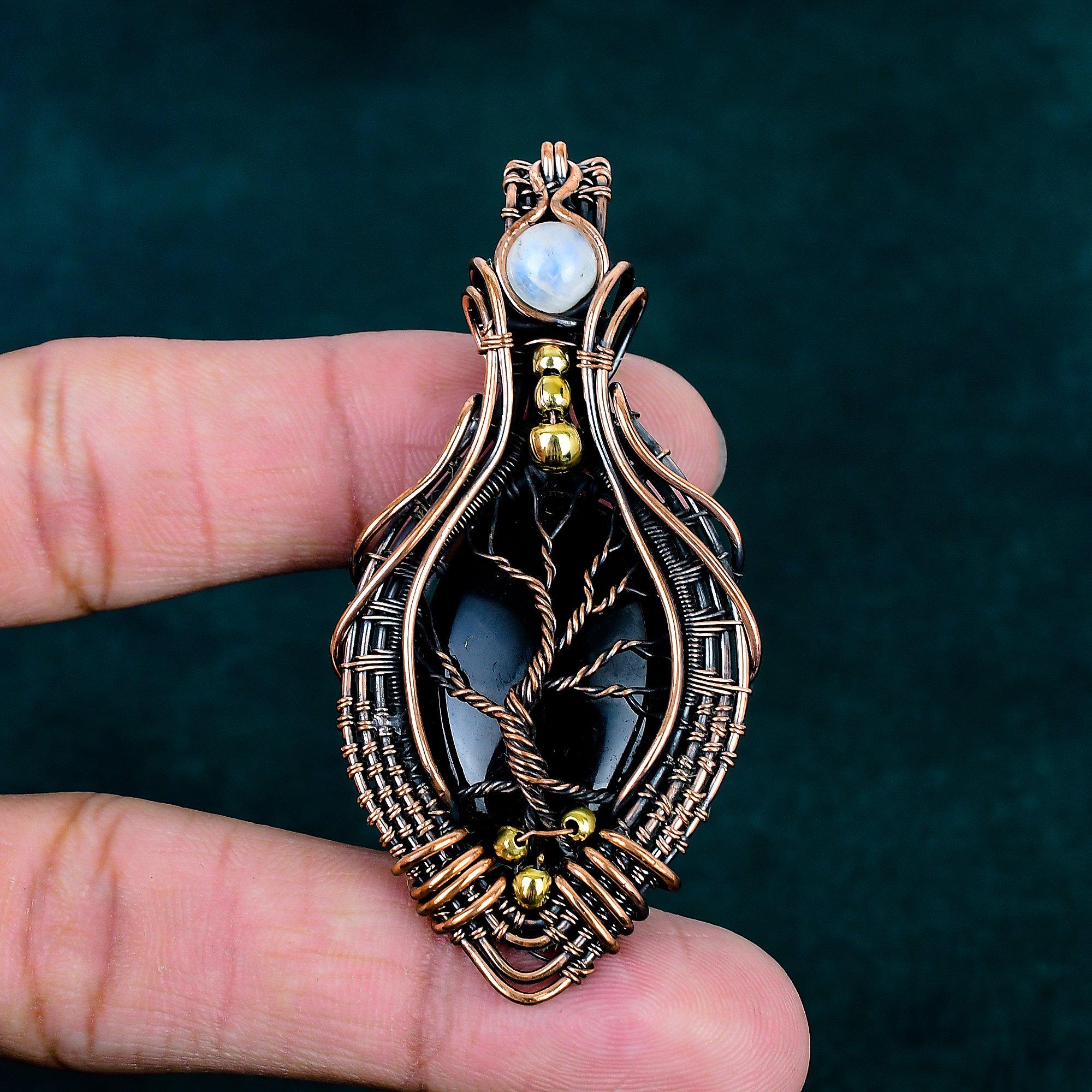 Black Onyx Pendant Real Gemstone Pendant Copper Wire Wrapped Jewelry Rainbow Moonstone Pendant Handmade Tree of Life Jewelry Gift for Mother