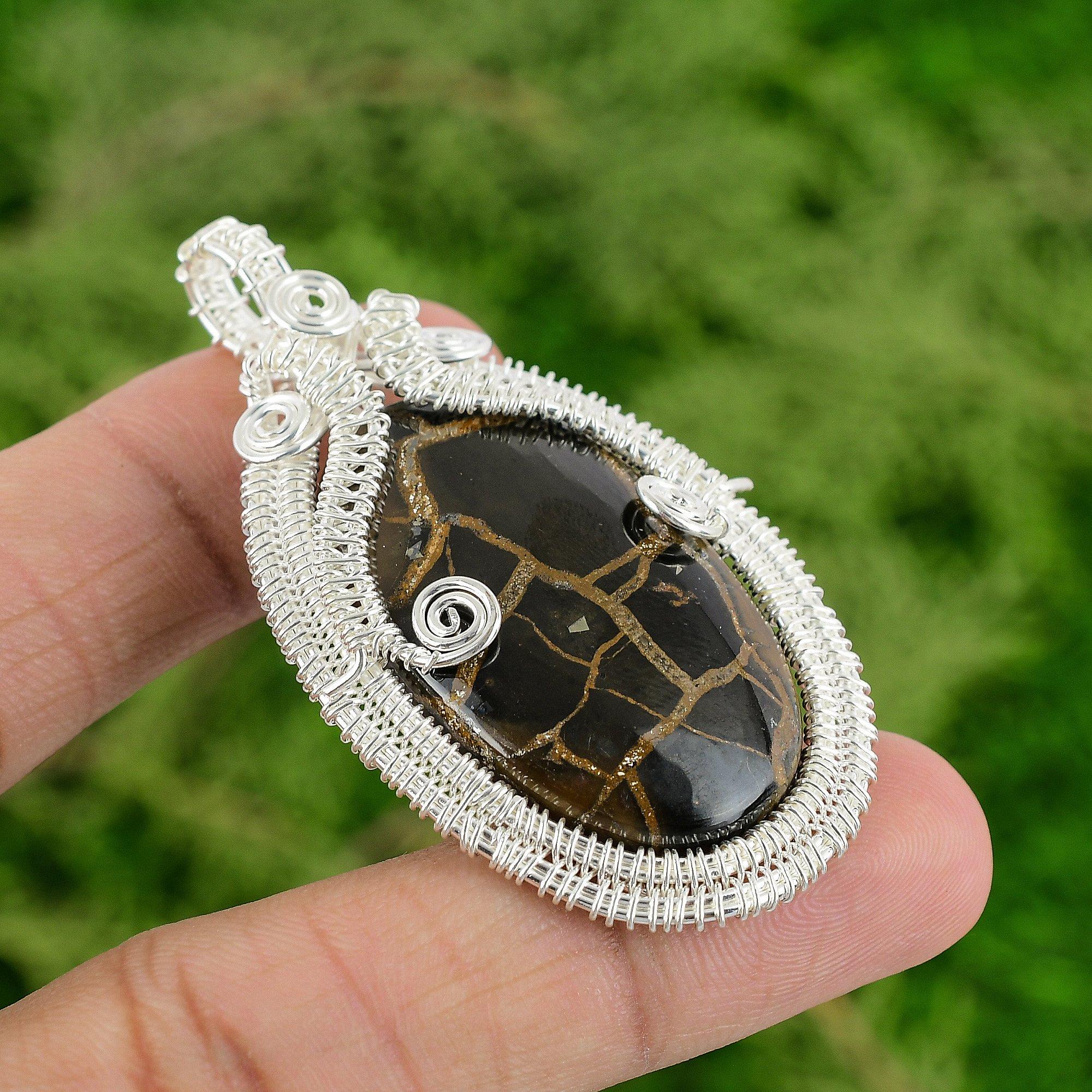 Moroccan Mud Crack Fossil Gemstone 925 Silver Trendy Wire Wrap Pendant Jewelry