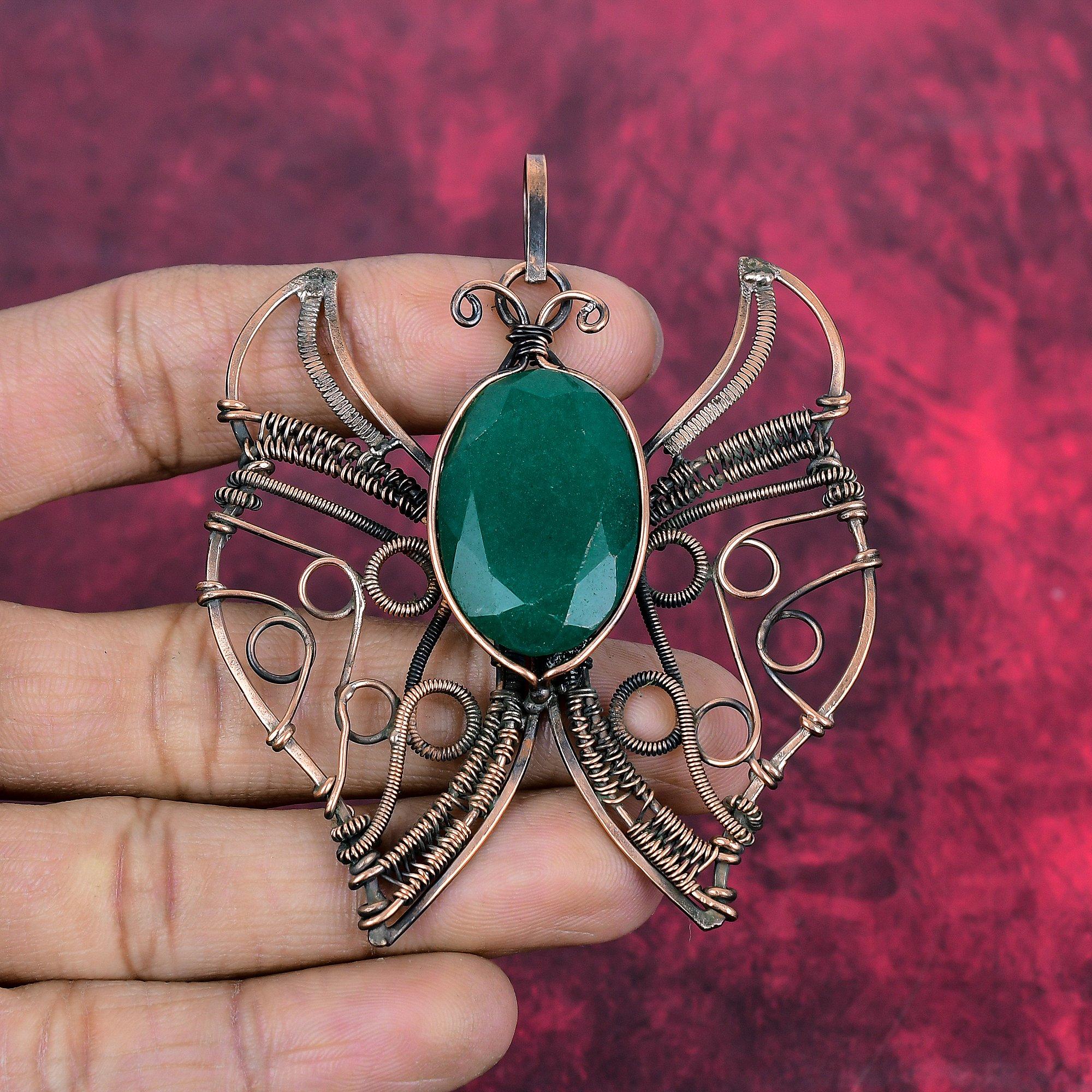 Faceted Zambian Emerald Pendant Copper Wire Wrapped Pendant Gemstone Copper Jewelry Handmade Butterfly Pendant Wire Wrap Jewelry for Gifts