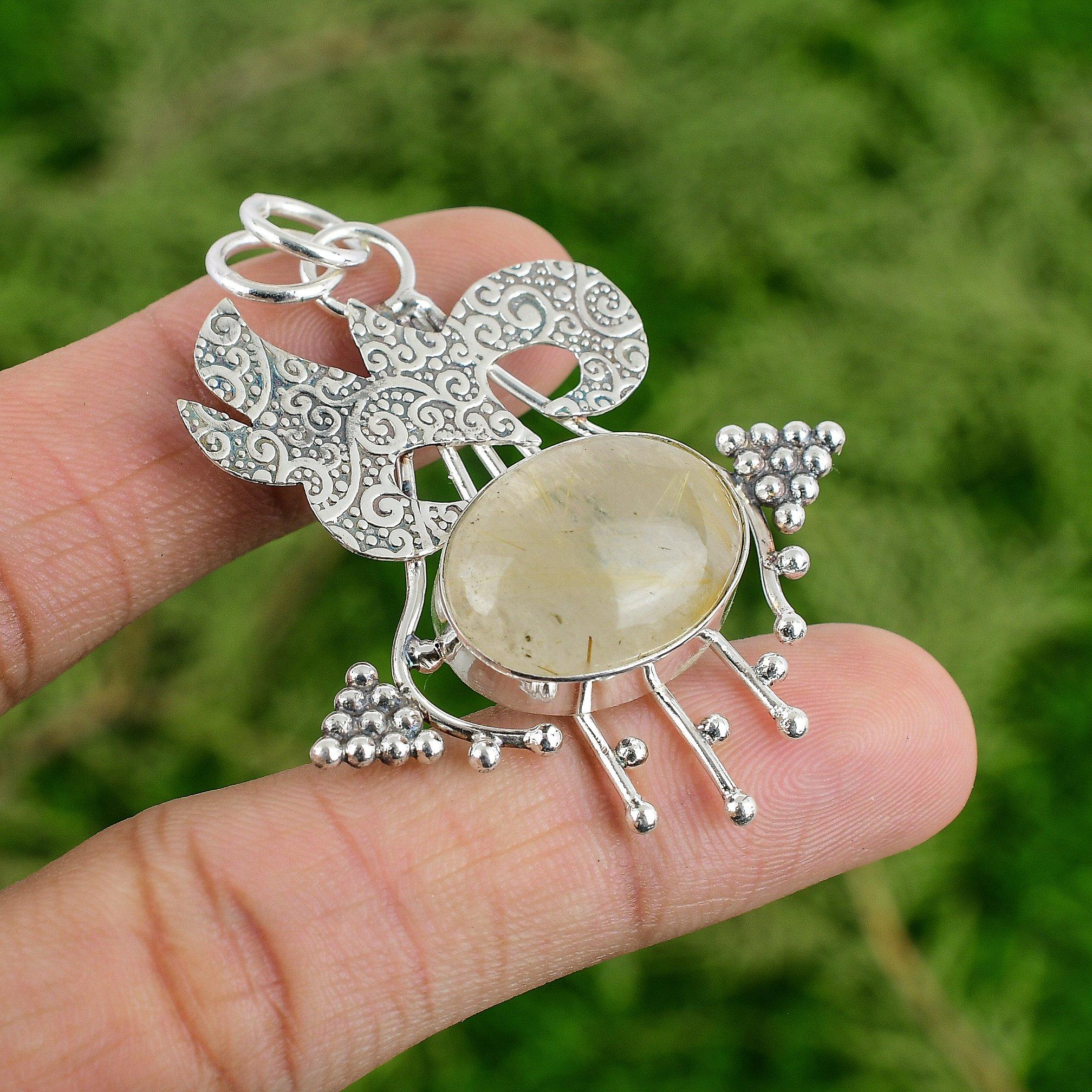 Daughters Day Deal Golden Rutile Gemstone Bezel New Pendant 925 Sterling Silver