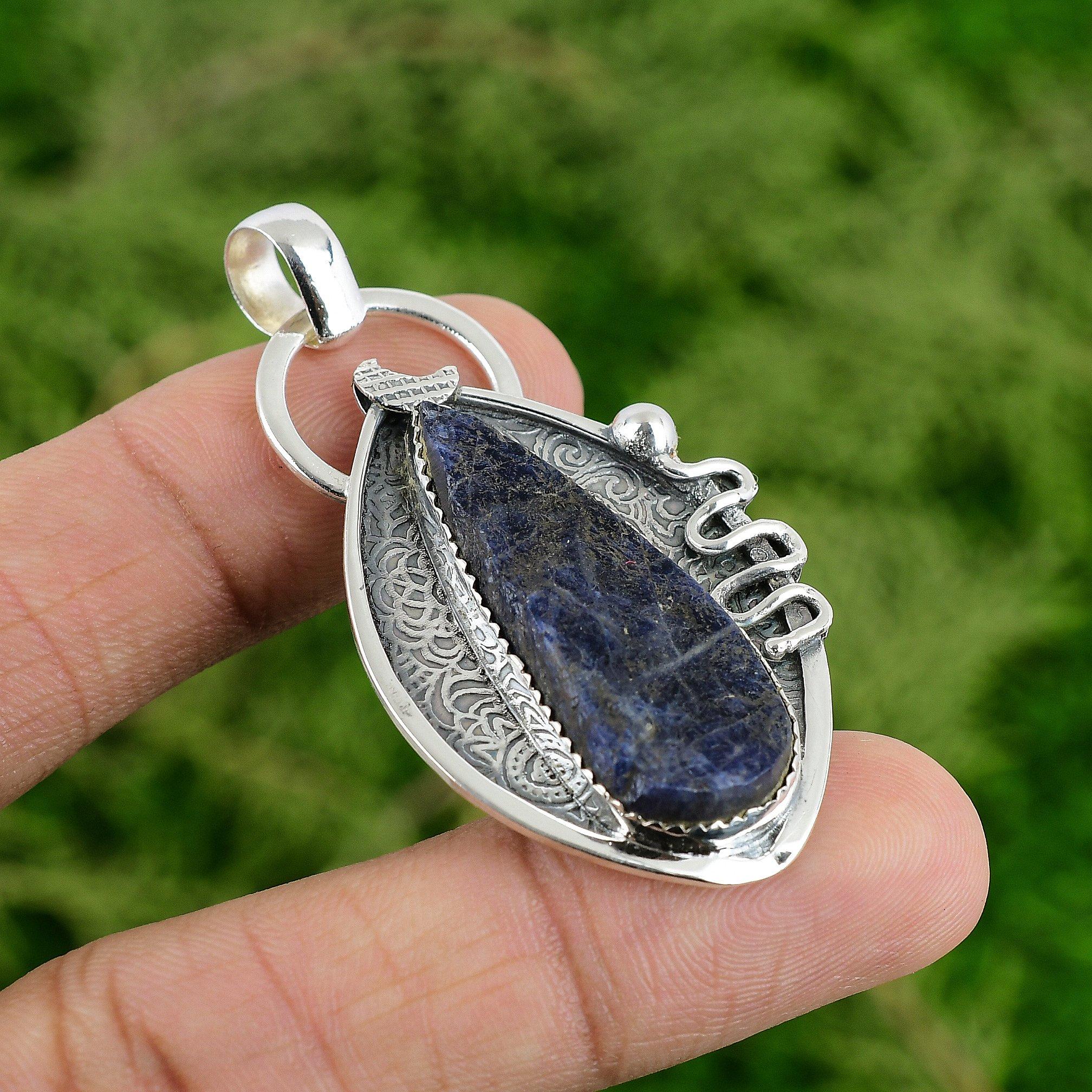 Daughters Day Deal 925 Sterling Silver Pear Natural Sodalite Rough Wife Pendant