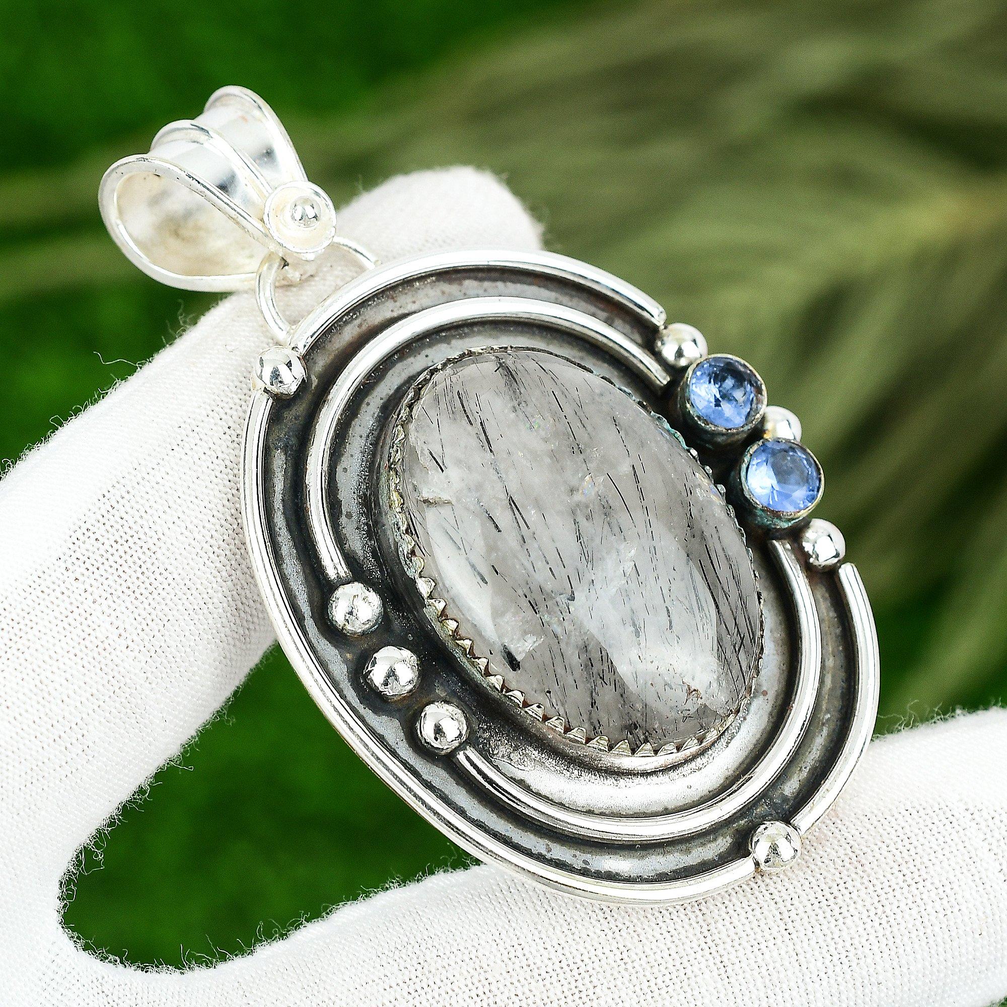 Sisters Day Sale 925 Silver Natural Black Rutile Iolite Wife Bezel Boho Pendant