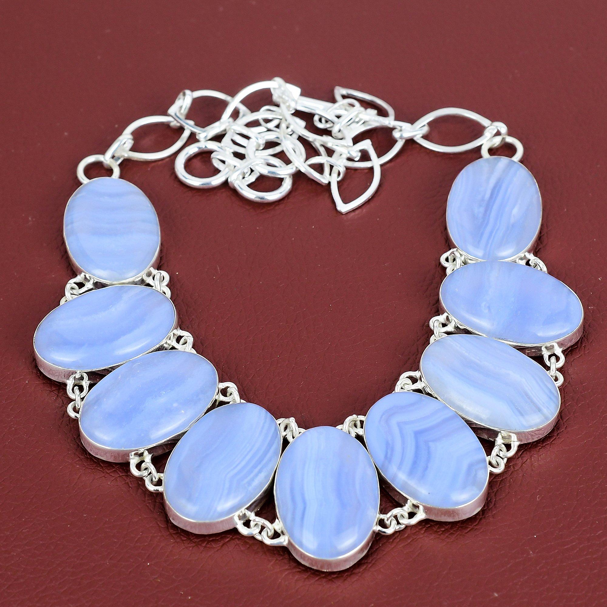 Blue Lace Agate Gemstone Necklace Handmade Jewelry 925 Sterling Silver Necklace Adjustable Chain Necklace Designer Jewelry Gifts for Mother