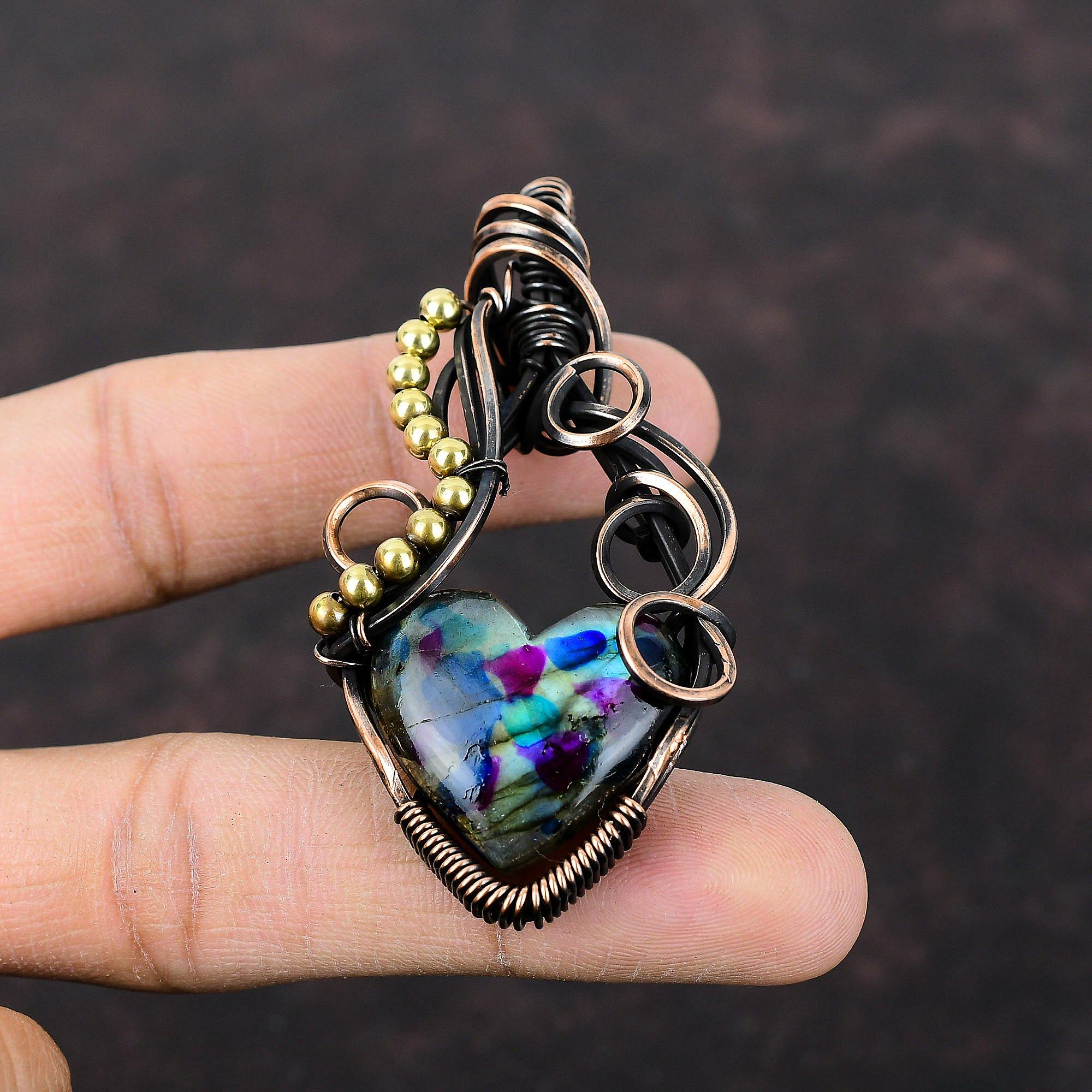 Pandantiv Labradorit Foc Multiplu Pandantiv Piatră Prețioasă Pandantiv Înfășurat cu Sârmă de Cupru Pandantiv Făcut Manual Bijuterii Sârmă de Cupru Cadou Pentru Mamă Pandantiv Unic