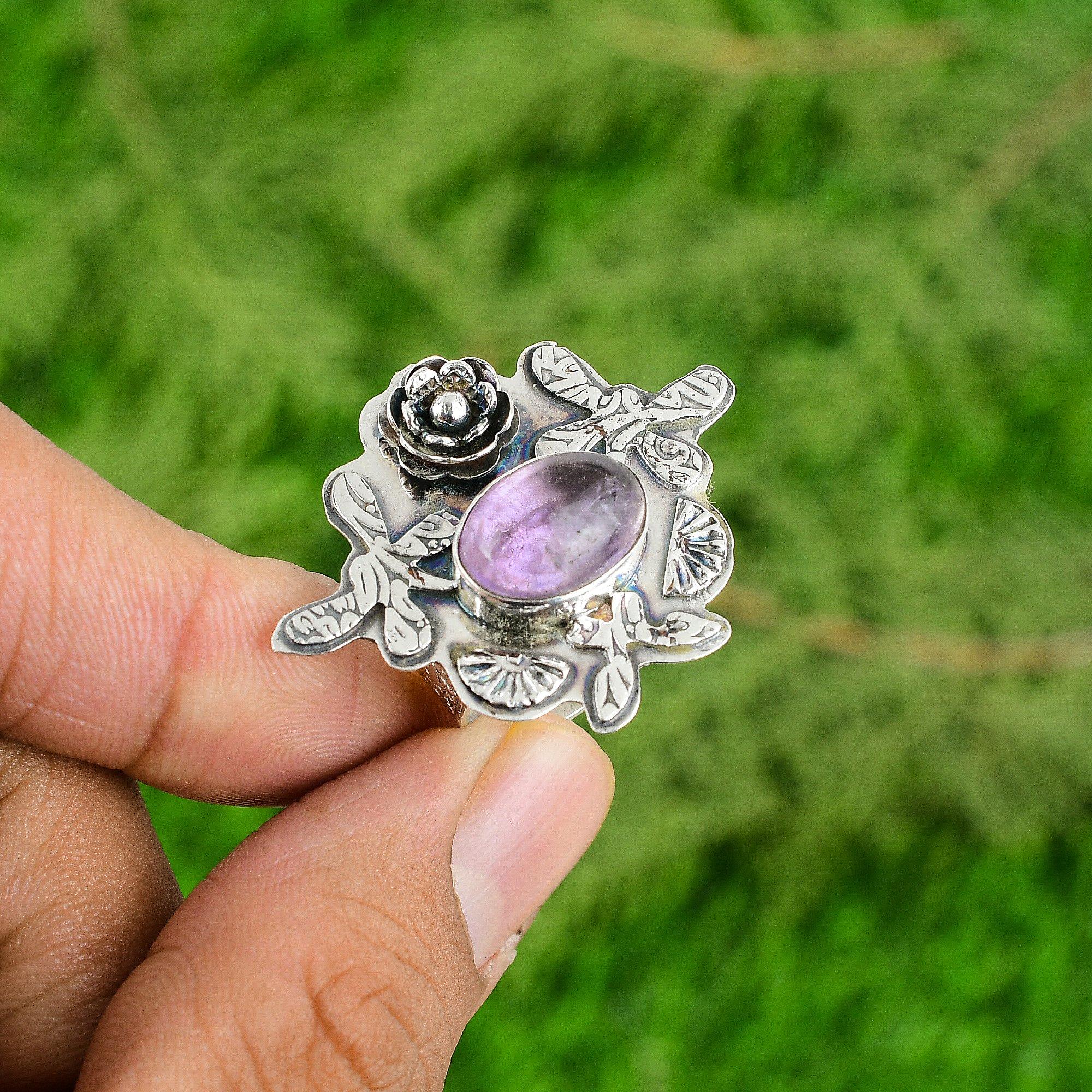 925 Silver Natural African Amethyst Multi Stone Flower Adjustable Ring